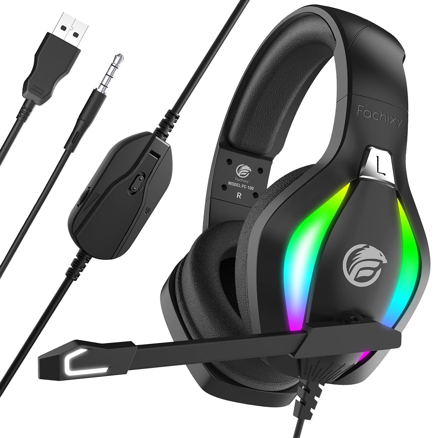 Fachixy RGB Gaming Headset for PS5, PS4, Xbox One, PC, Nintendo Switch - Stereo Sound Headphones with Noise Cancelling Mic & 3.5mm Jack (Black) - Perfect for Online Gaming, Streaming & Esports Tournaments