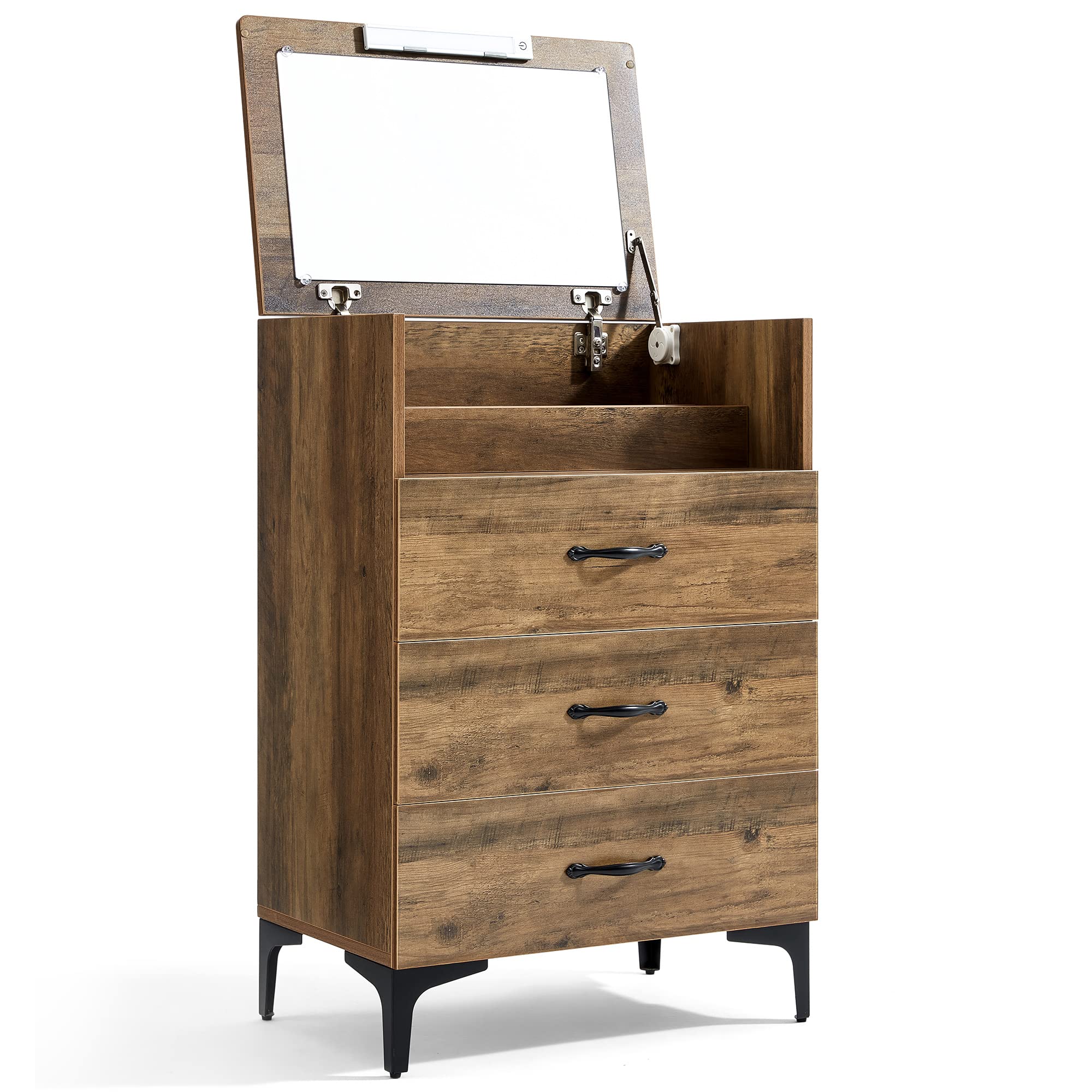 LINSY HOME Antique Wood Dresser with Mirror & 3 Drawers - Vintage Chest of Drawers with Makeup Organizer, Anti-Tipping Device & Storage Space - Perfect for Bedroom, Living Room & Dorm Organization (Brown)