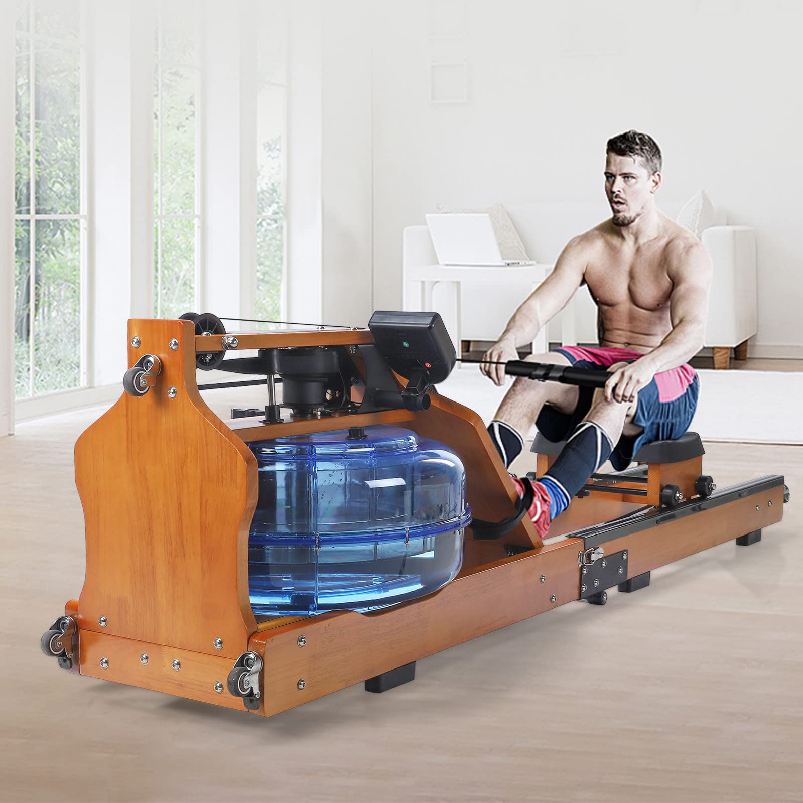 NPKGVIA Foldable Wooden Water Rowing Machine with LED Display - Home Gym Equipment for Full Body Workout & Cardio Training