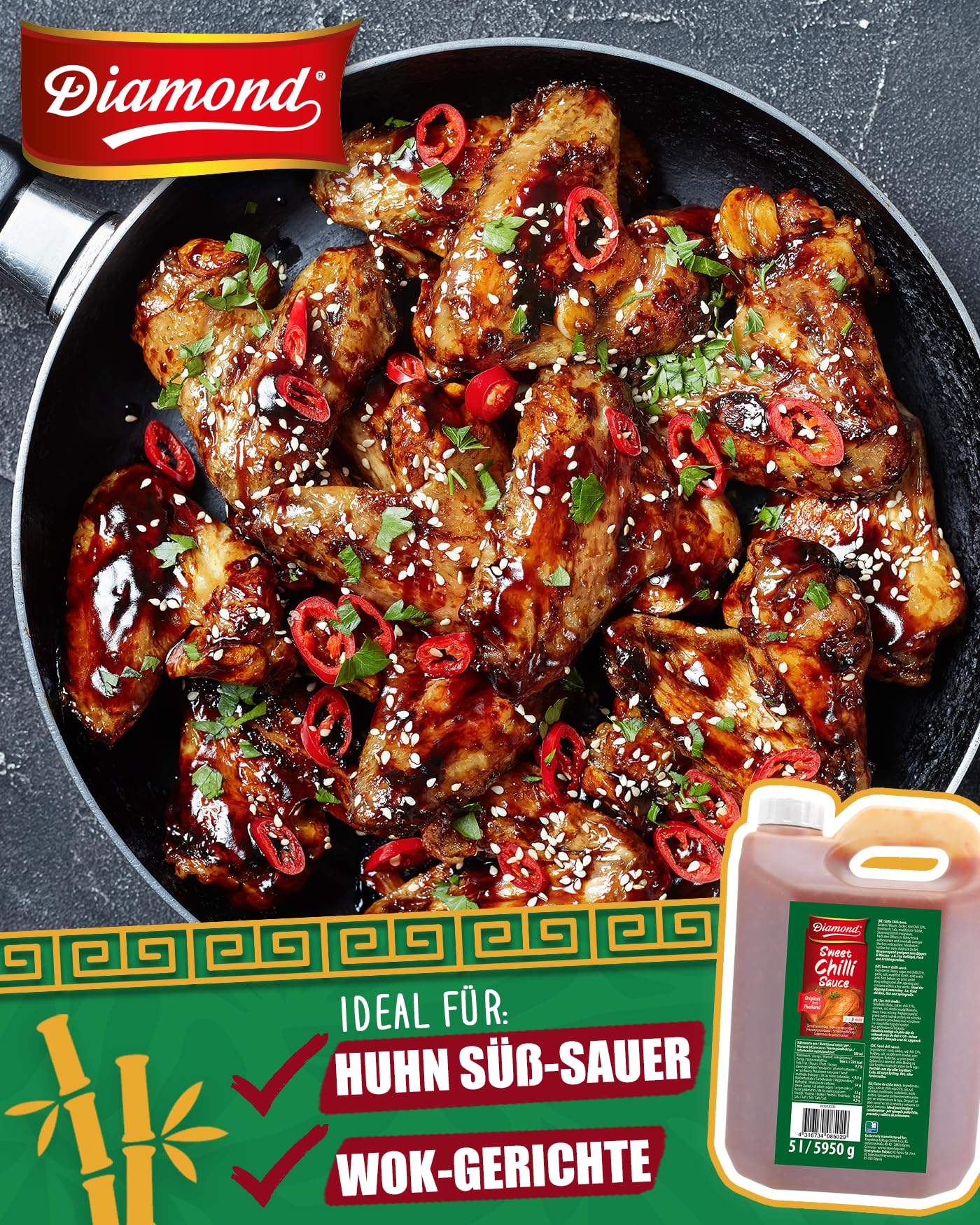 Premium Diamond Sweet Chili Sauce - Gluten-Free, Vegan, 5L Bulk Size - Perfect for Chicken, Fish, Spring Rolls & Asian Cuisine - Ideal for Restaurants, Catering & Home Cooking