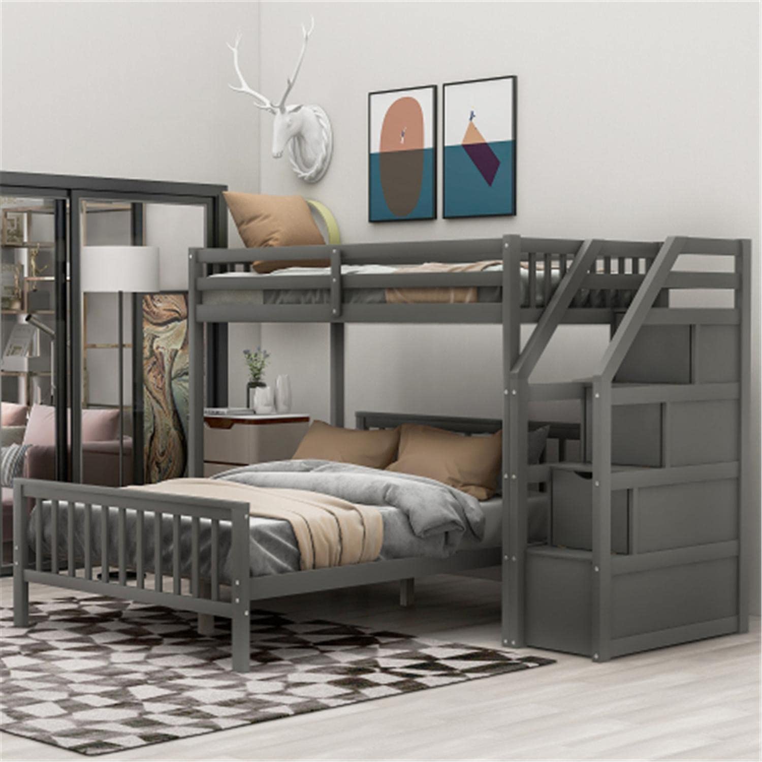 Twin Over Full Loft Bed Frame with Storage - Sturdy Wooden Bunk Bed with Full-Length Guardrail & Ladder - Space Saving Design for Small Rooms - Perfect for Kids, Teens & College Dorms - Gray