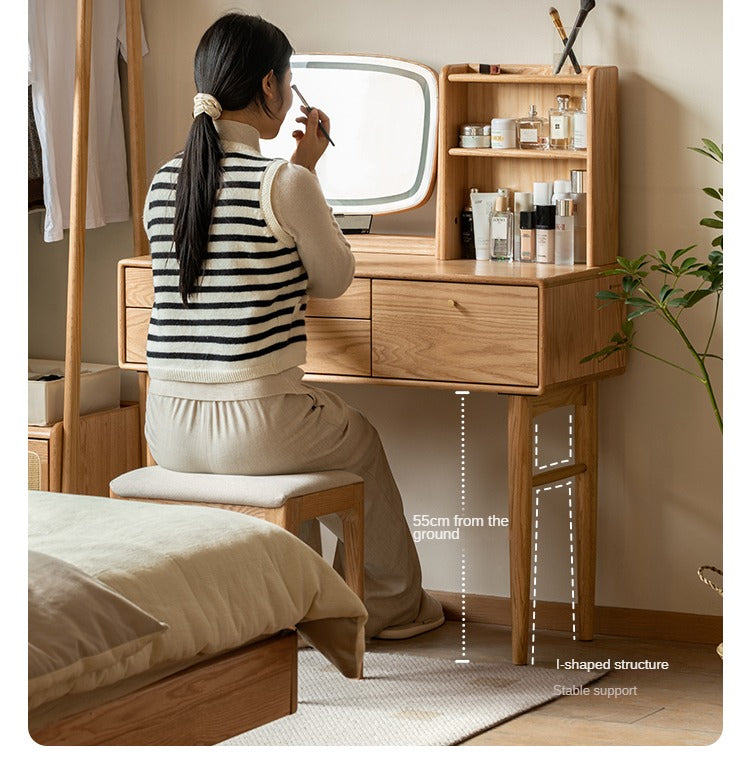 Solid Oak & Ash Wood Dressing Table with LED Lighted Makeup Mirror - Perfect for Bedroom Vanity, Makeup Application & Home Decor