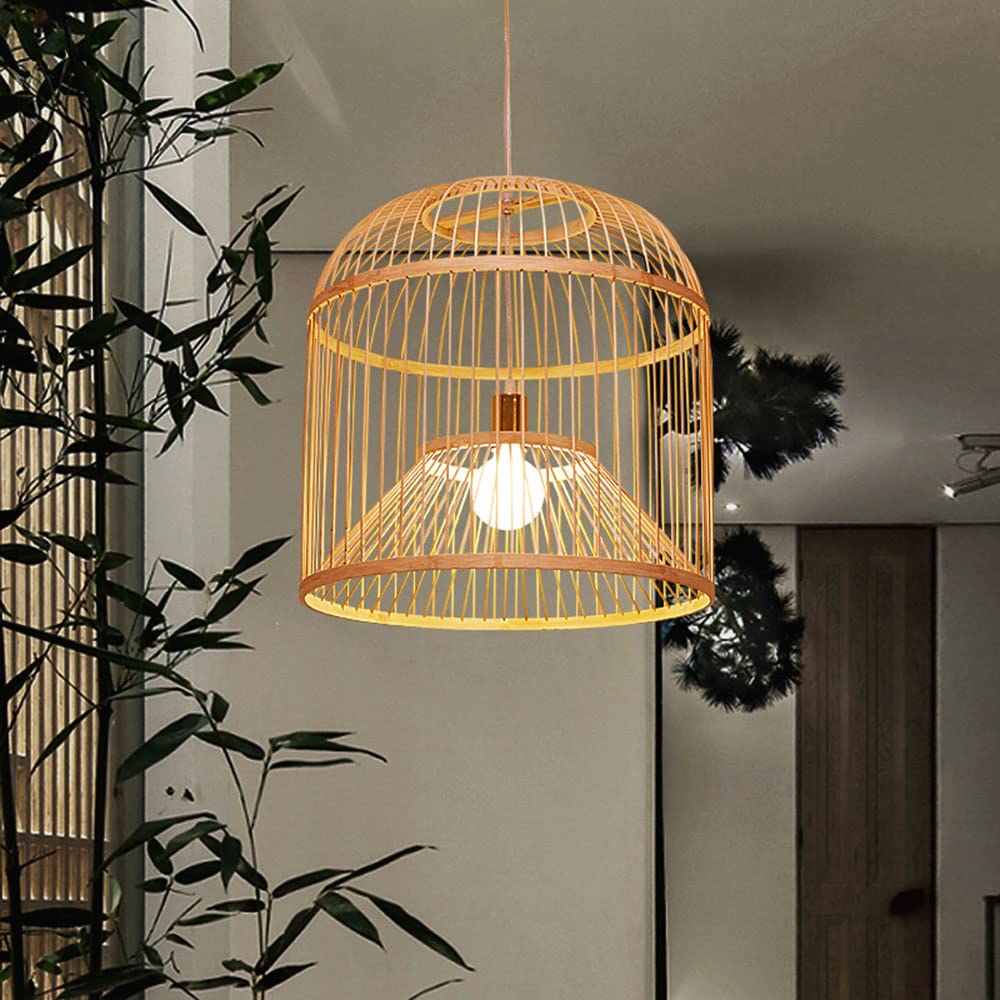 Handwoven Bamboo Pendant Light - Japanese Style Natural Lantern Chandelier with Wire Cage for Kitchen Island, Cafe, Bar & Restaurant | Industrial Lighting Fixture for Dining Room, Patio & Home Decor