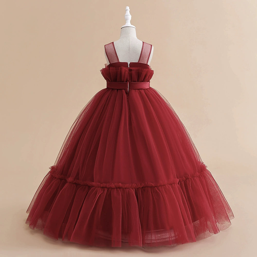 Burgundy Princess Round Floor Length Tulle Flower Girl Dress for Weddings, Baptisms & Special Occasions