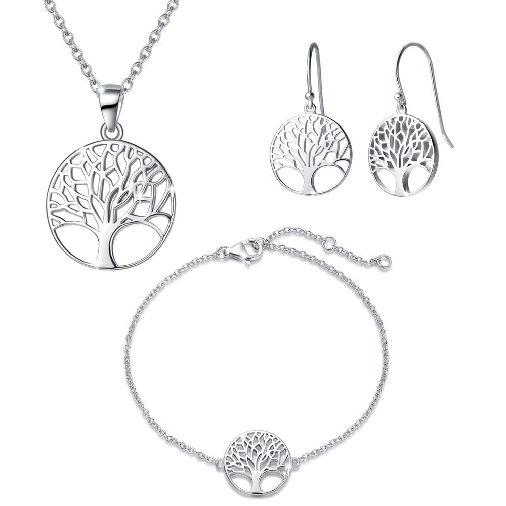 AGVANA Sterling Silver Tree of Life Necklace, Bracelet & Earrings Set - Elegant Jewelry Gift for Women & Girls - Perfect for Birthdays, Anniversaries & Spiritual Occasions