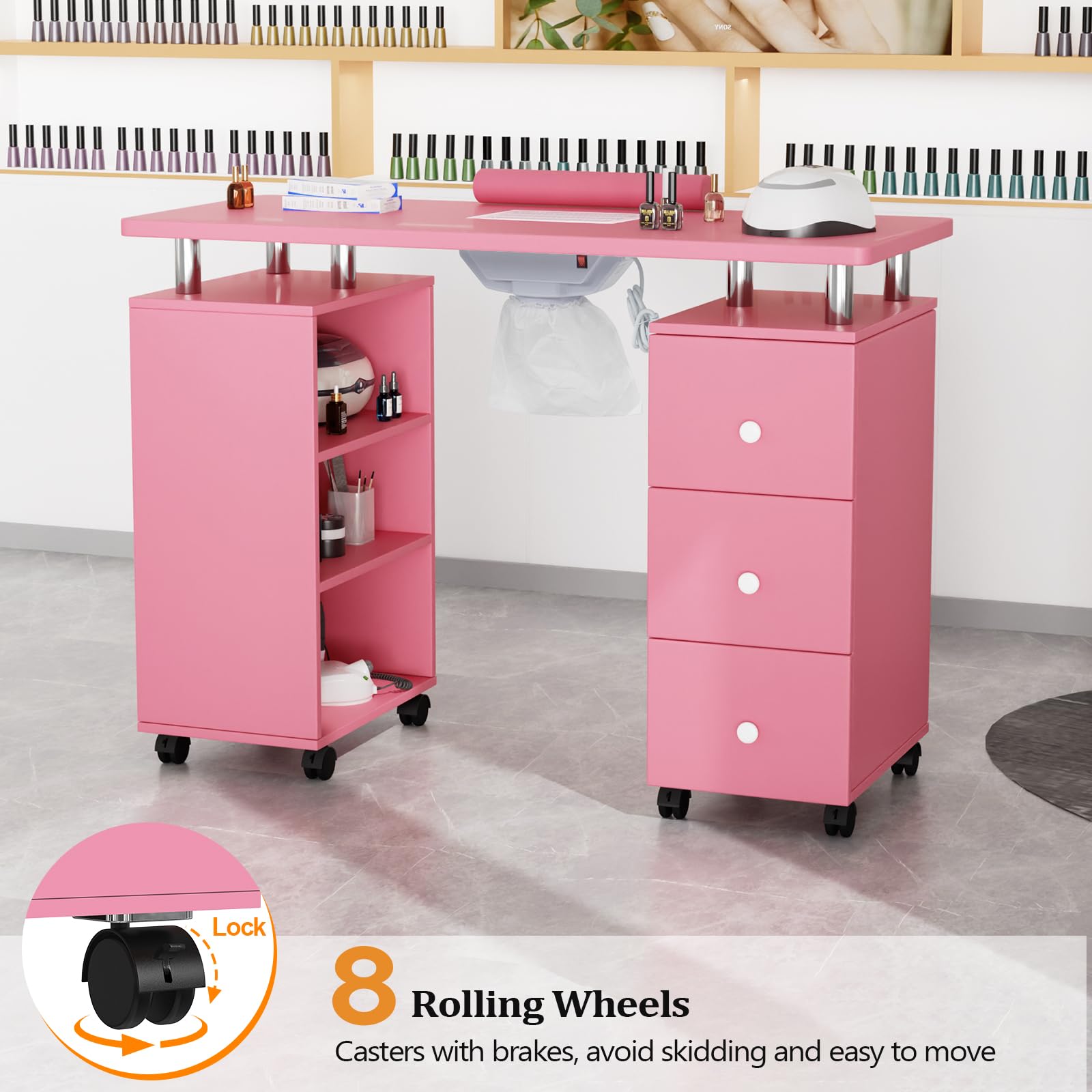 OmySalon Professional Manicure Table Nail Desk for Nail Technicians - Electric Downdraft Ventilation System, Lockable Wheels, Wrist Cushion & Storage Shelves - Perfect for Salon, Spa & Home Nail Studio (Pink)
