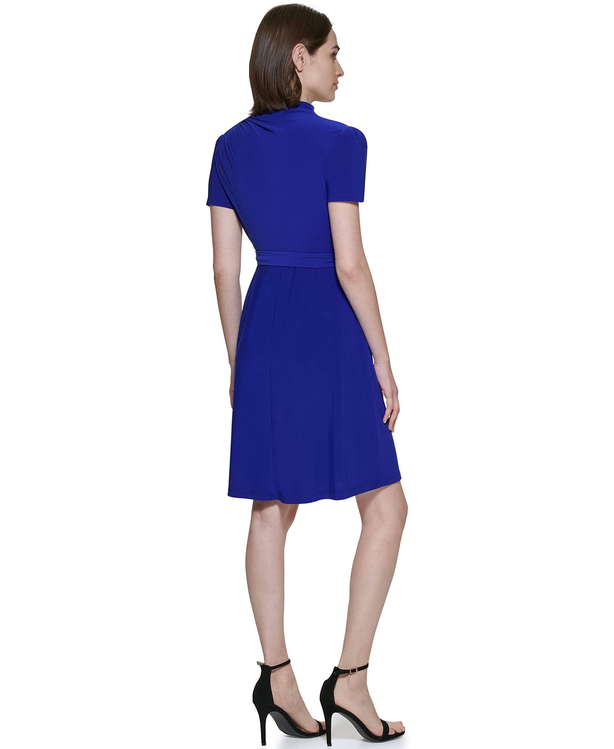DKNY Women's Short Sleeve Funnel Neck Belted Fit & Flare Dress - Elegant Casual Office Wear for Women, Perfect for Work, Date Night & Special Occasions