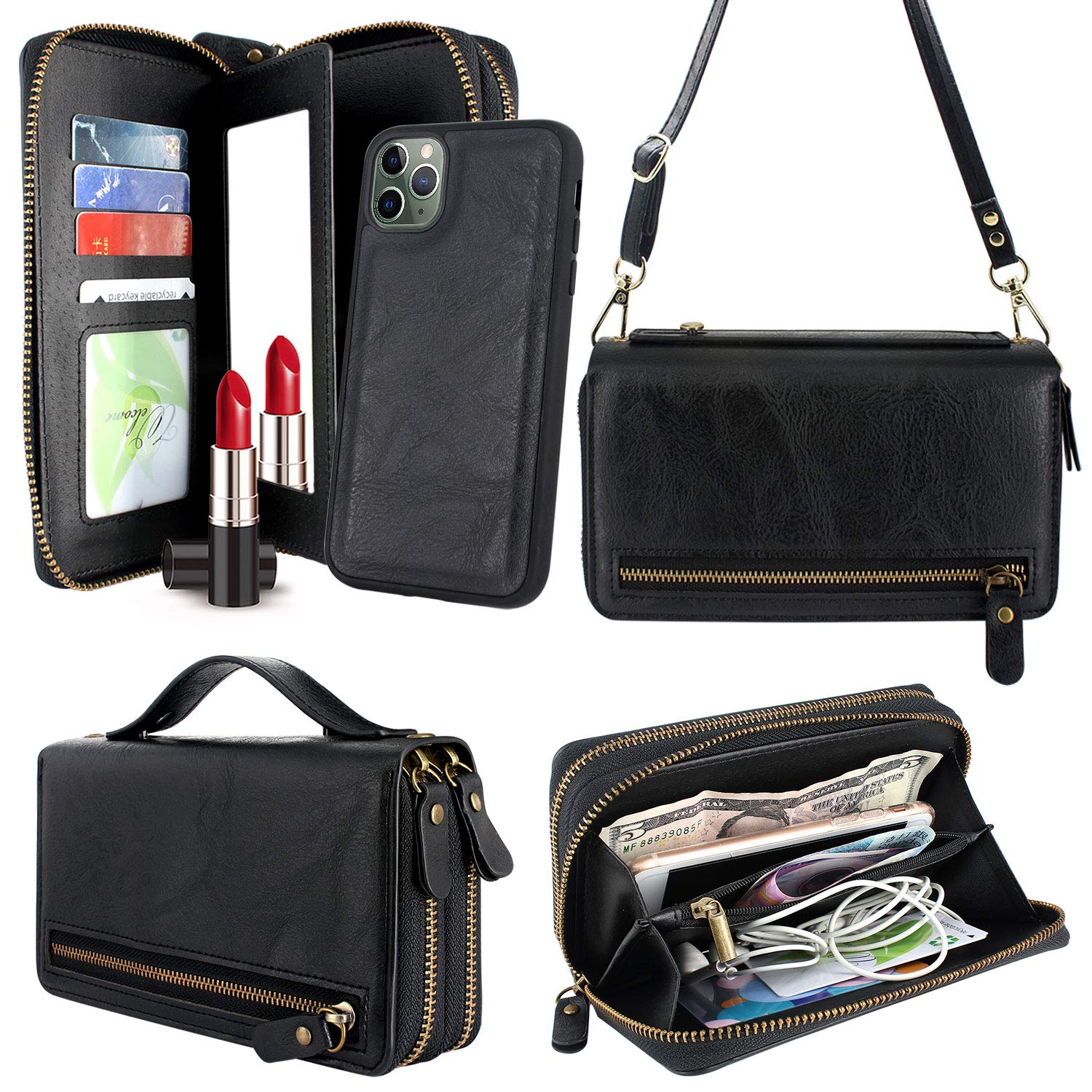 Harryshell iPhone 11 Case (6.1 inch 2019 Model) - Magnetic Detachable Wallet Cover with Zipper, Card Slots, Mirror & Crossbody Chain - Includes Shoulder & Wrist Strap (Black) - Perfect for Travel, Shopping & Everyday Use