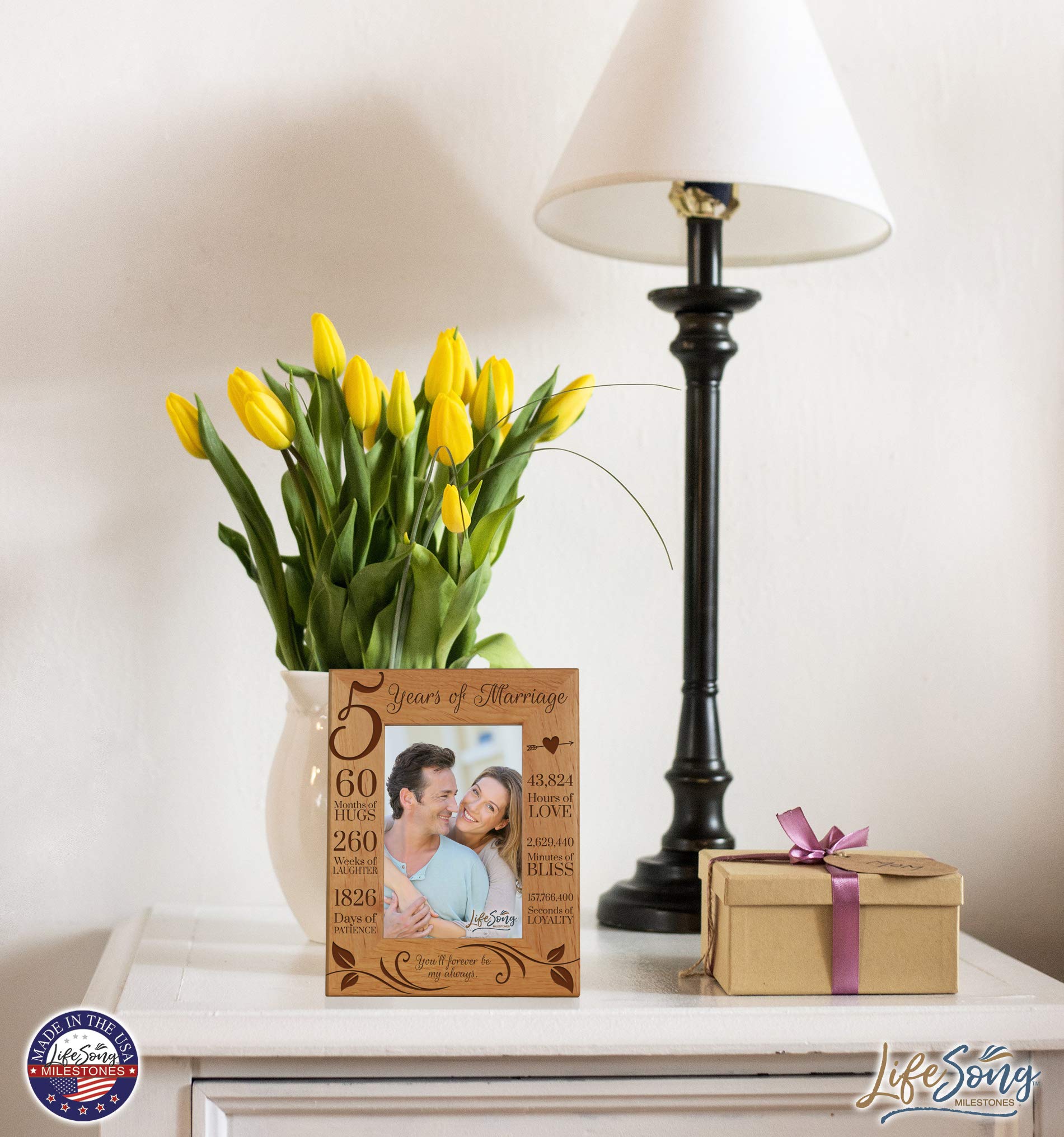 LifeSong Milestones 5 Year Anniversary Picture Frame - Elegant Wood Keepsake for Wedding Anniversaries - Perfect Gift for Wife, Husband & Couples - Display Cherished Memories in Home or Office Décor