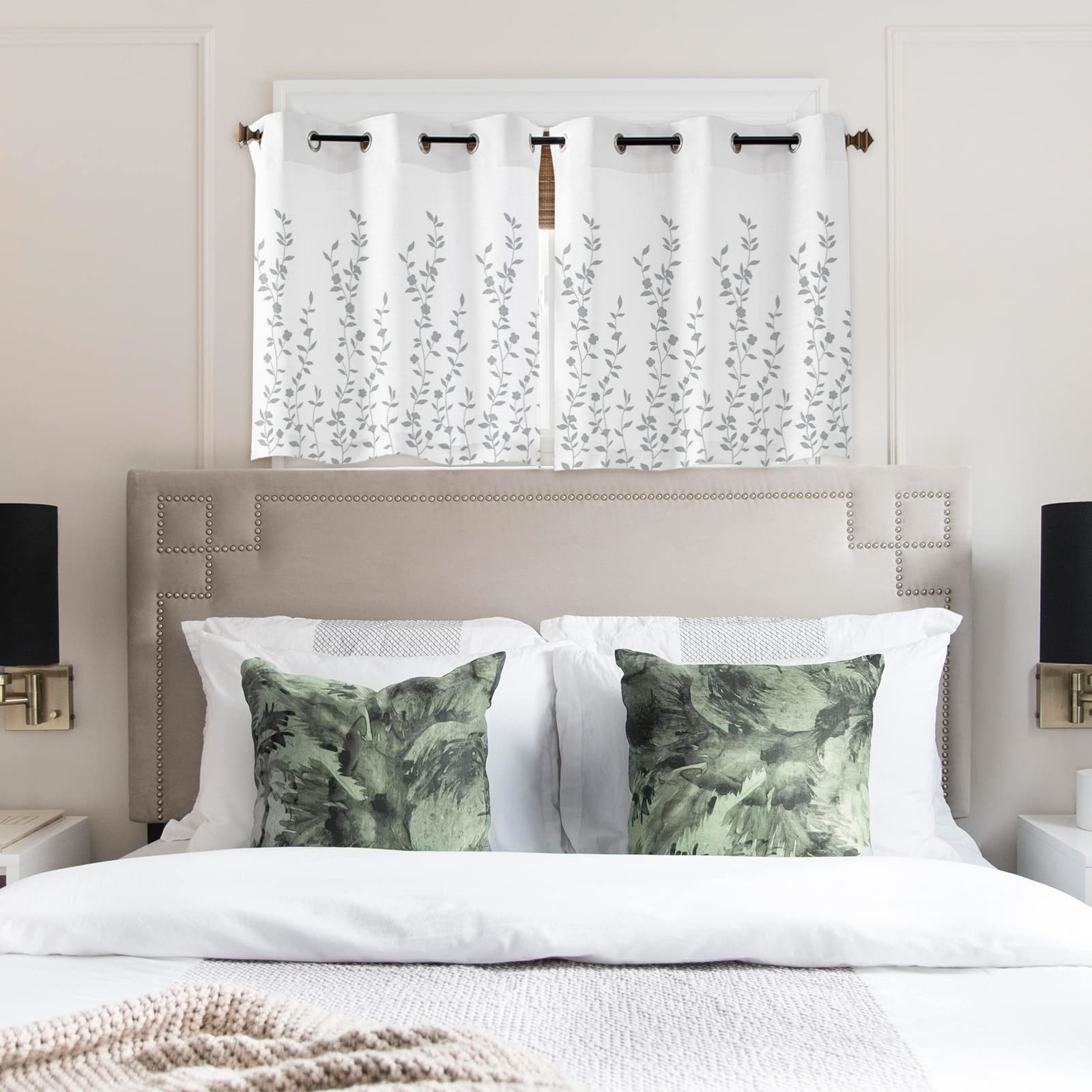 White Grey Floral Window Curtains 45 Inch Length - 2 Panel Grommet Kitchen Cafe Drapes for Living Room, Bedroom & Laundry Room | Summer Flower Plant Design Window Treatment for Home Decor