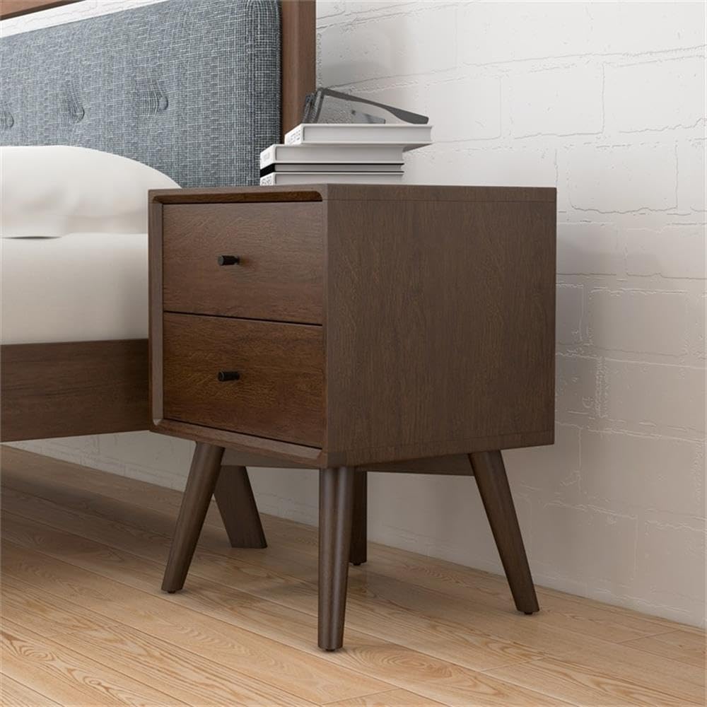 Allora Mid-Century Modern Solid Wood 2-Drawer Nightstand - Brown Finish Bedside Table for Bedroom, Living Room & Guest Room Storage