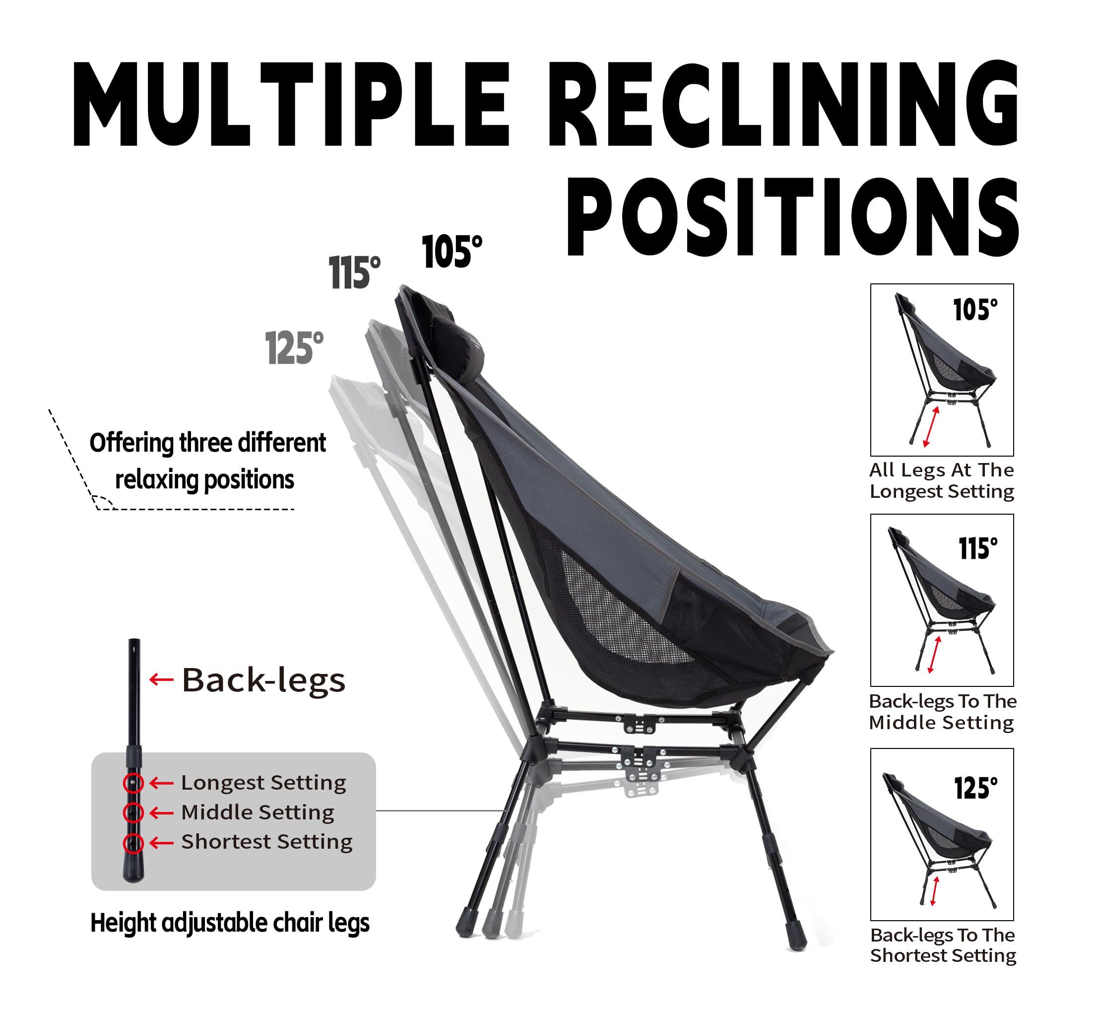 Heavy Duty Camping Chair with High Back Headrest - 380lb Capacity, Durable Aluminum Frame & 3-Way Adjustable Legs - Compact Folding Design with Carry Bag - Perfect for Camping, Beach, Hiking, Tailgating, Backyard & Outdoor Adventures