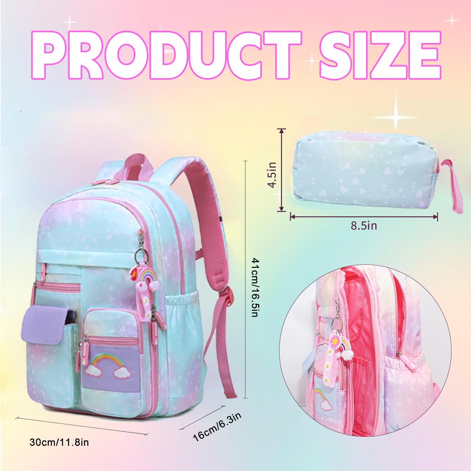 **Rainbow Girls School Backpack - Cute Kids Backpack for Back to School, Laptop & Travel, Includes Pencil Case (Blue Set) - Perfect for School, College, Day Trips & Outdoor Adventures**