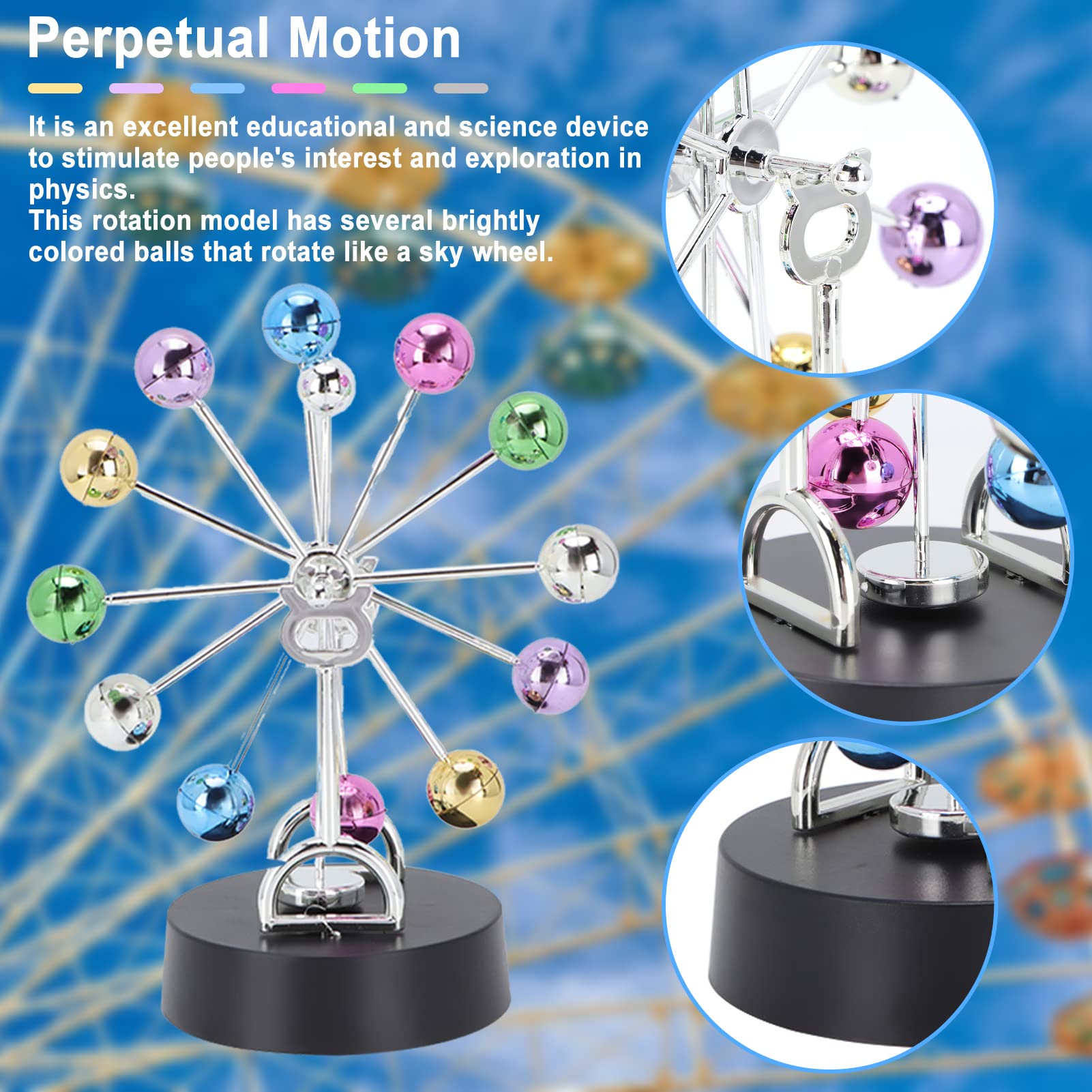 Electronic Perpetual Motion Ferris Wheel with Revolving Balance Balls - Kinetic Art Galaxy Planet Model - Rotating Desk Decor for Home & Office - Perfect for Meditation, Stress Relief and Science Education