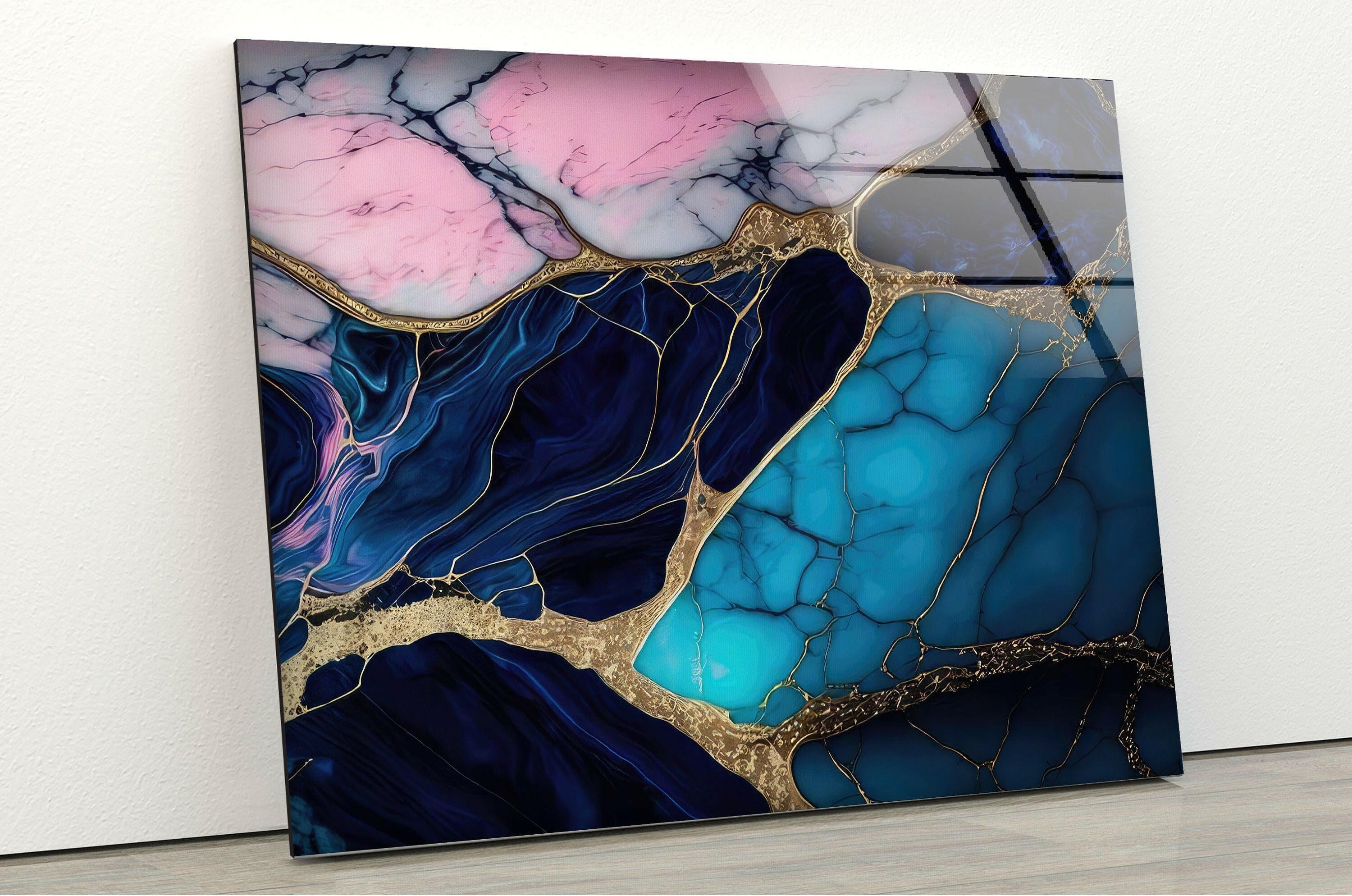 Blue and Pink Marble Texture Glass Wall Art - Modern Abstract Home Decor for Living Room, Bedroom, Office - Shatterproof Hanging Decoration for Gifts & Interior Design