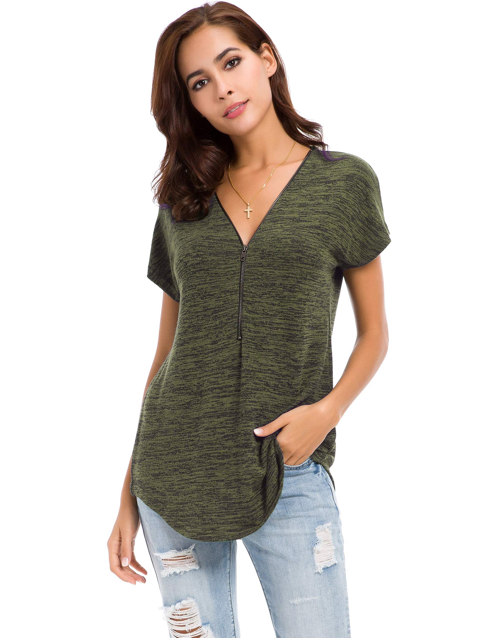 LUSMAY Women's Casual V-Neck Short Sleeve Tunic Top with Zipper - Loose Fit T-Shirt Blouse for Summer, Work & Everyday Wear