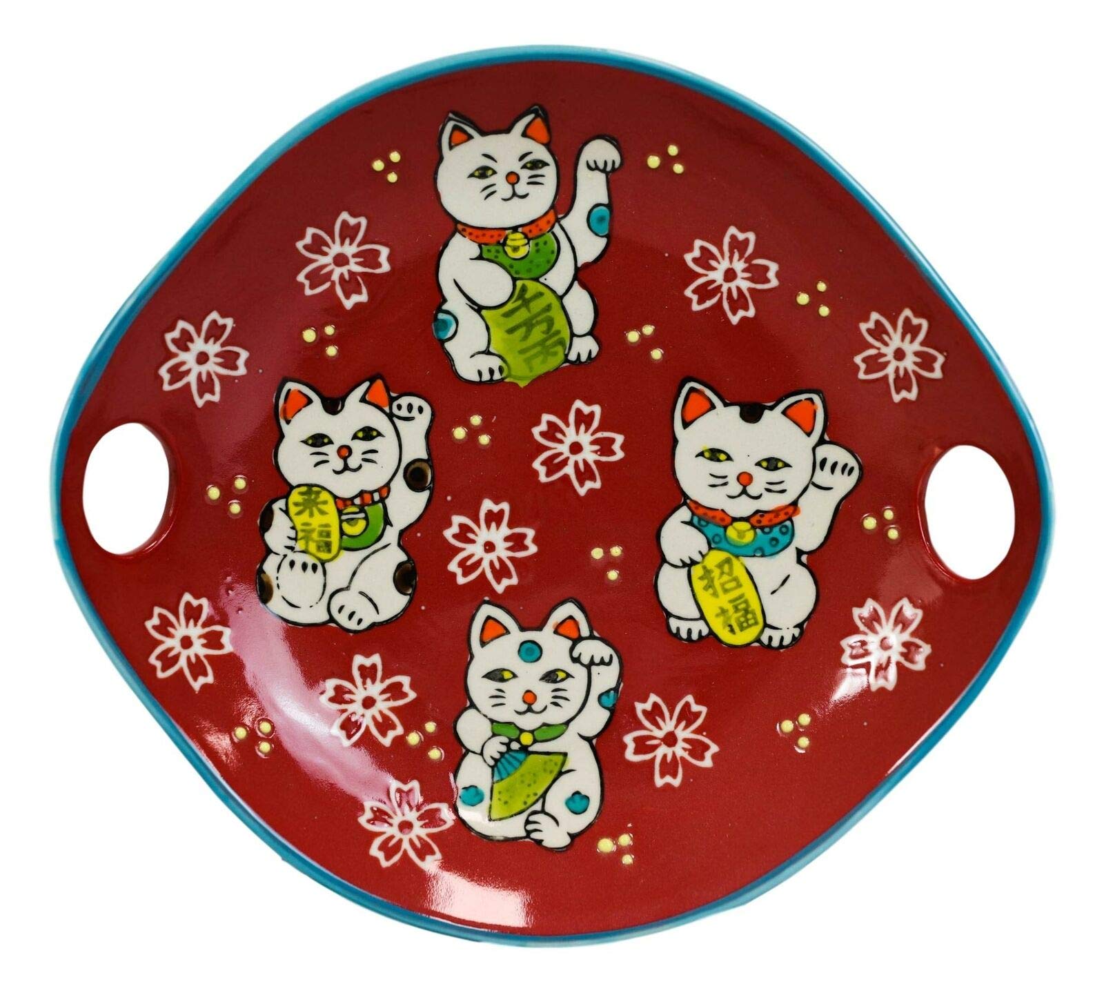 2 Pack Red Maneki Neko Lucky Cat Appetizer Plates with Chopsticks Set - Japanese Fortune Cat Sushi Serving Dishes for Asian Party, Home Decor & Good Luck Gift