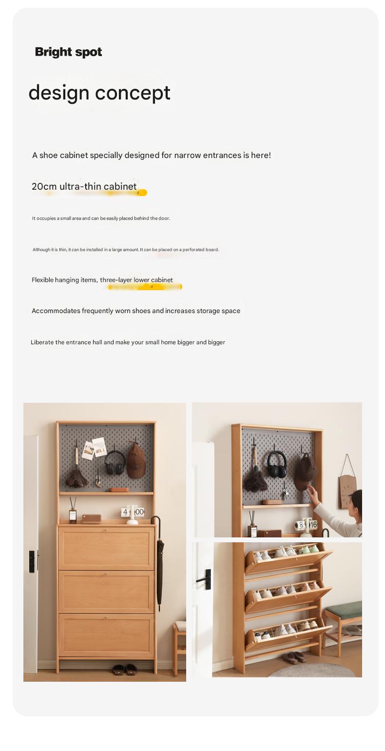 Beech Solid Wood Ultra Thin Flip Shoe Cabinet - Space Saving Shoe Storage for Entryway, Closet & Small Apartments
