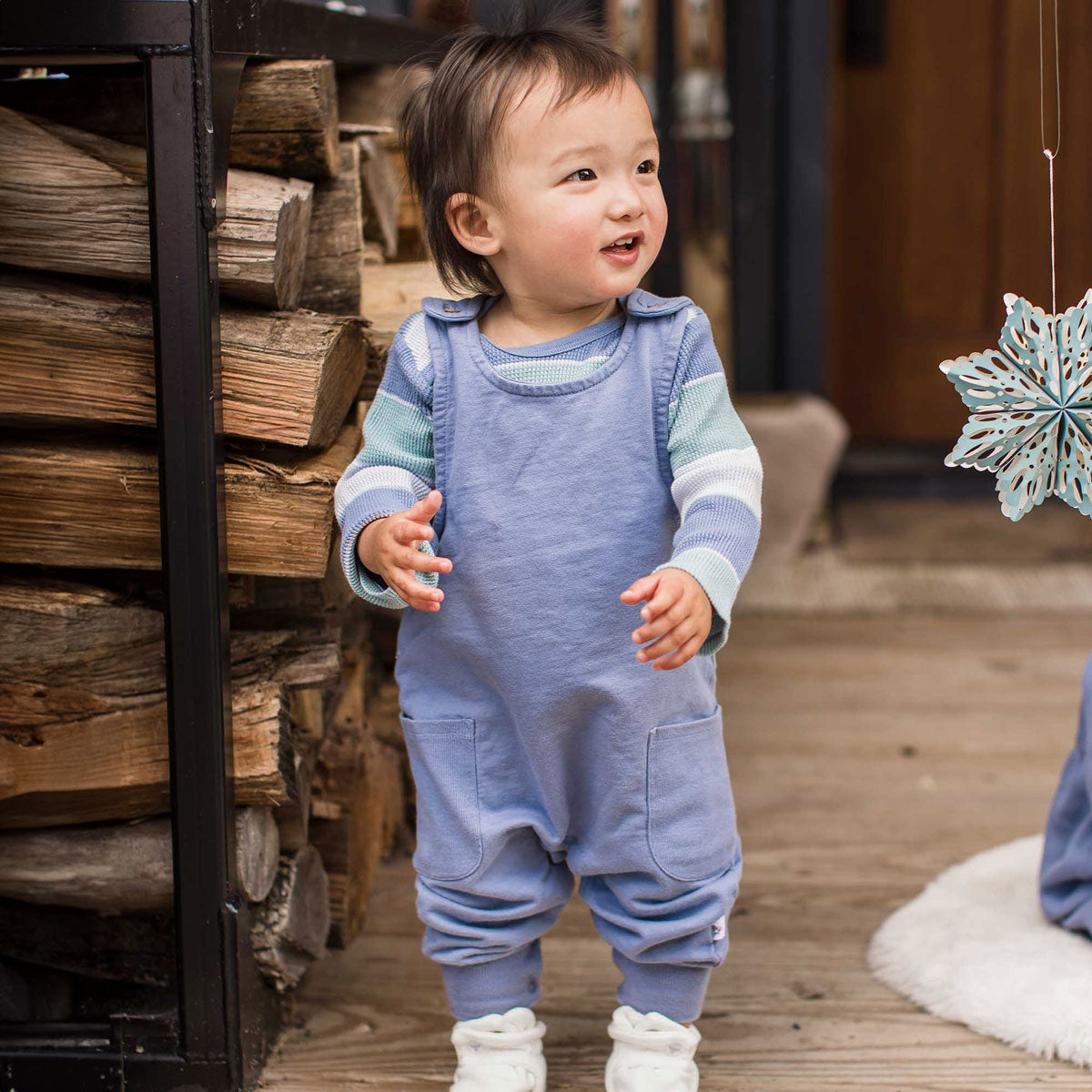 Stylish Bodysuit and Overall Set in Around The World Stripe - Dusty Indigo | Perfect for Travel, Casual Outings & Photo Shoots