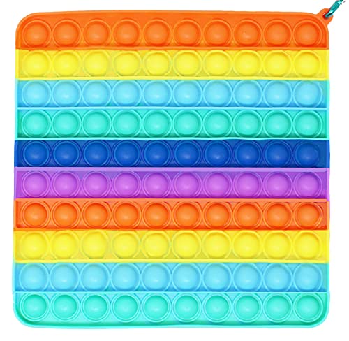 KINIA 100 Bubbles Pop It Fidget Toy - Large Rainbow Sensory Stress Relief Game for Kids, Teens & Adults - Silicone Push Bubble Popper with Keychain (Square Rainbow A) - Perfect for Anxiety Relief, Classroom Focus & Office Stress Management