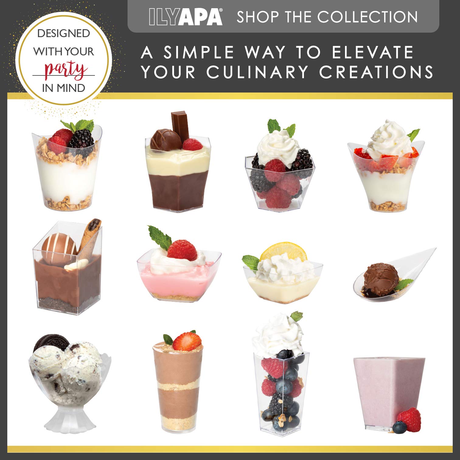 Ilyapa 2oz Clear Plastic Dessert Cups with Spoons - 100 Pack Reusable Mini Appetizer Containers for Cheesecake Shooters, Chocolate Mousse, Parfait - Perfect for Parties, Catering, Weddings & Dessert Bars - Square Small Disposable Cups