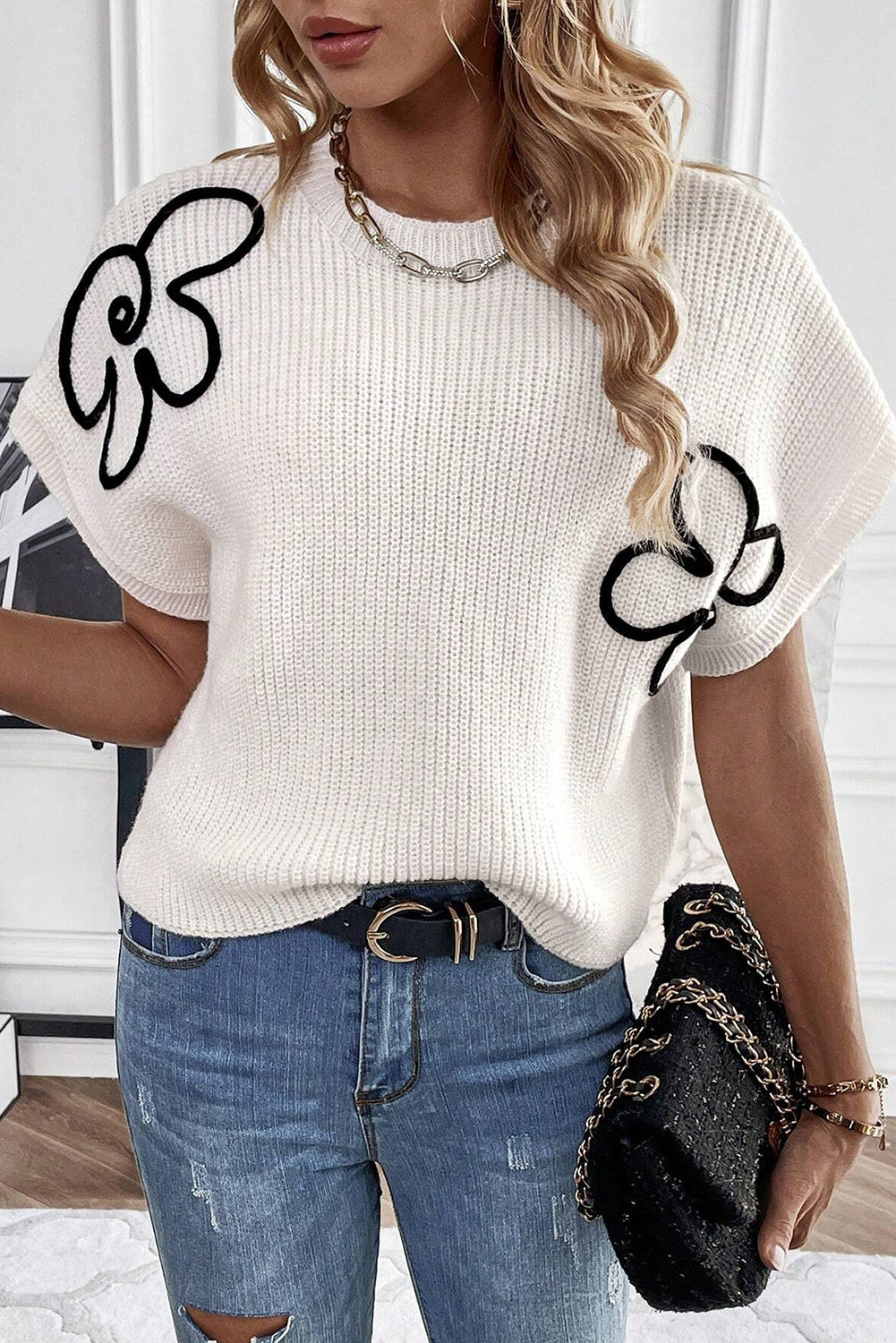 Floral Embroidered Short Sleeve Knit Sweater for Women - Spring & Summer Casual Wear, Office Outfits, and Date Night Fashion
