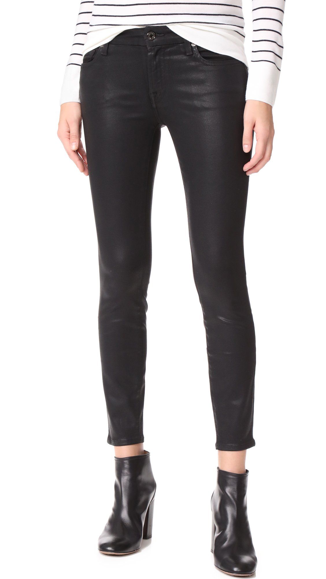7 for All Mankind Women's Coated Sheen Skinny Jeans - Mid Rise Ankle Length Stretch Denim Pants for Casual Wear & Night Out