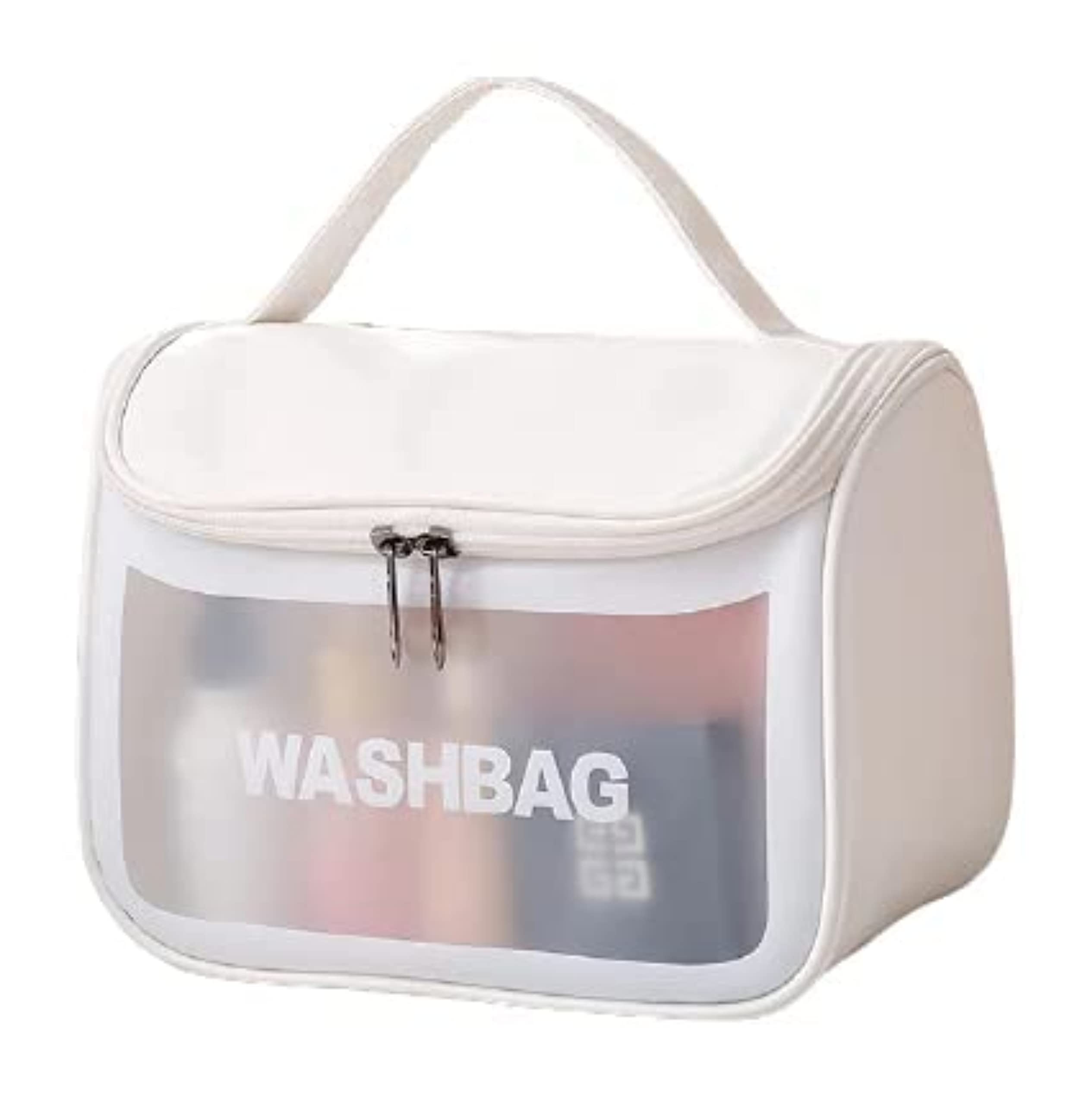Waterproof PVC Cosmetic Makeup Organizer Bag - Portable Travel Toiletry Case for Women with Zipper, Business & Bathroom Essentials Pouch (White) - Perfect for Travel, Gym, and Daily Makeup Storage