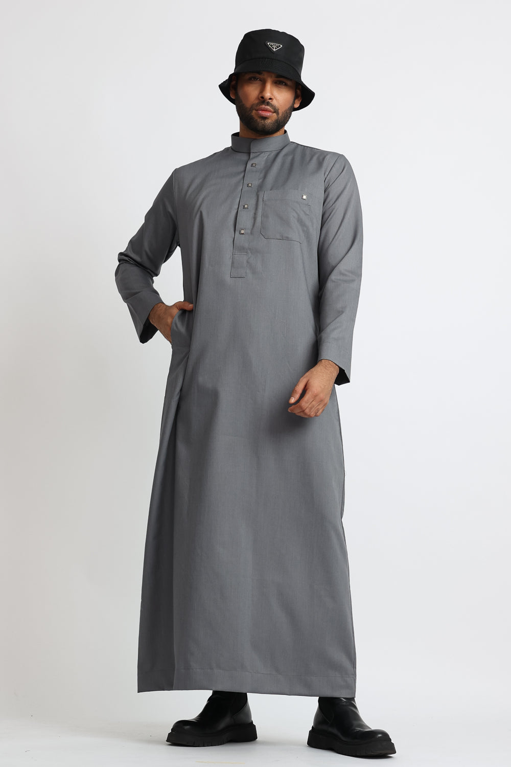 Premium J1519 Saudi Collar Grey Thobe for Men - Traditional Islamic Robe with Comfortable Fit - Perfect for Eid, Ramadan & Special Occasions
