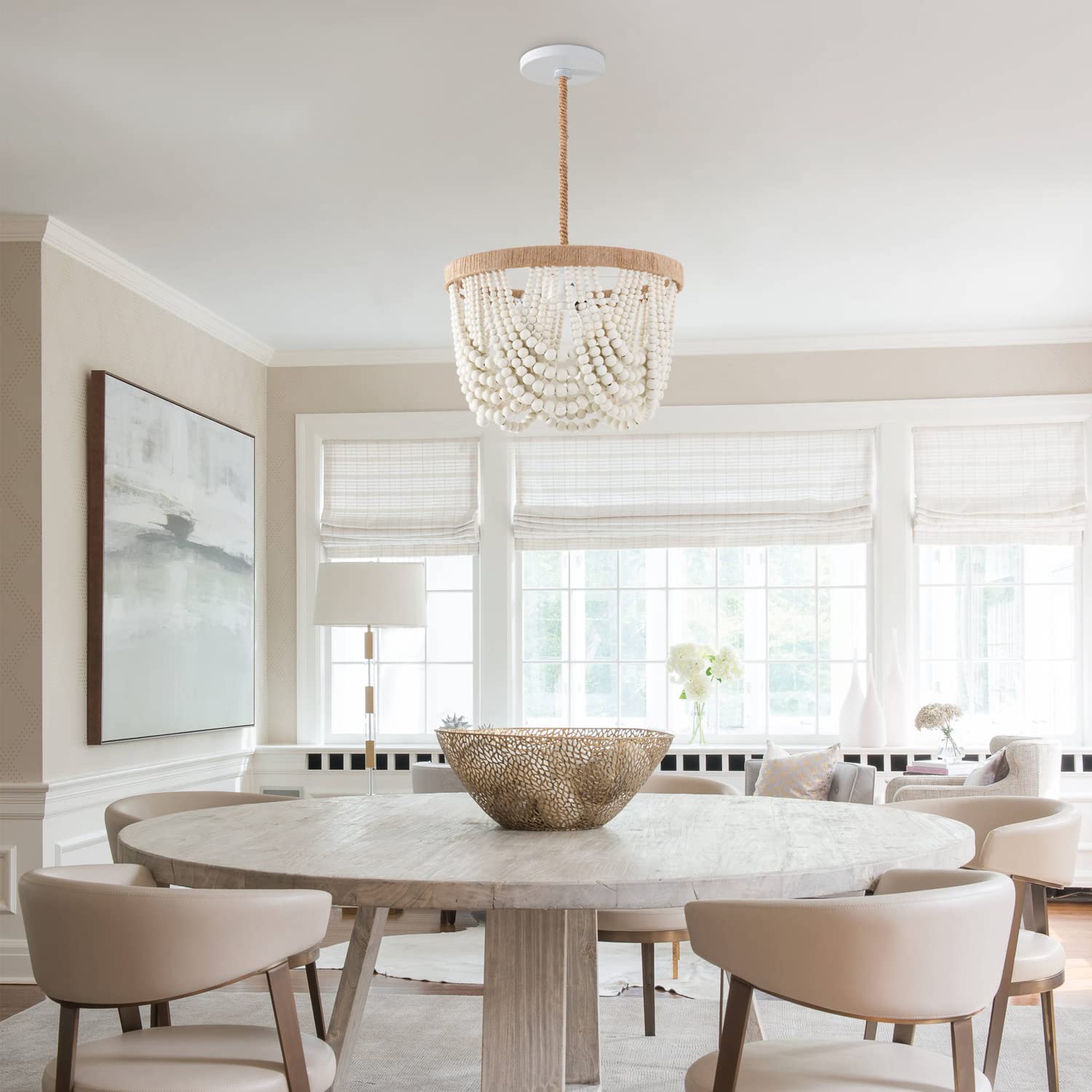 Bohemian Wood Beaded Pendant Light Fixture - Antique Rustic Mini Chandelier with White Finish | Perfect for Bedroom, Nursery, Dining Room, Hallway & Entryway Decor | 3-Light Hanging Ceiling Lamp for Boho Home & Farmhouse Style