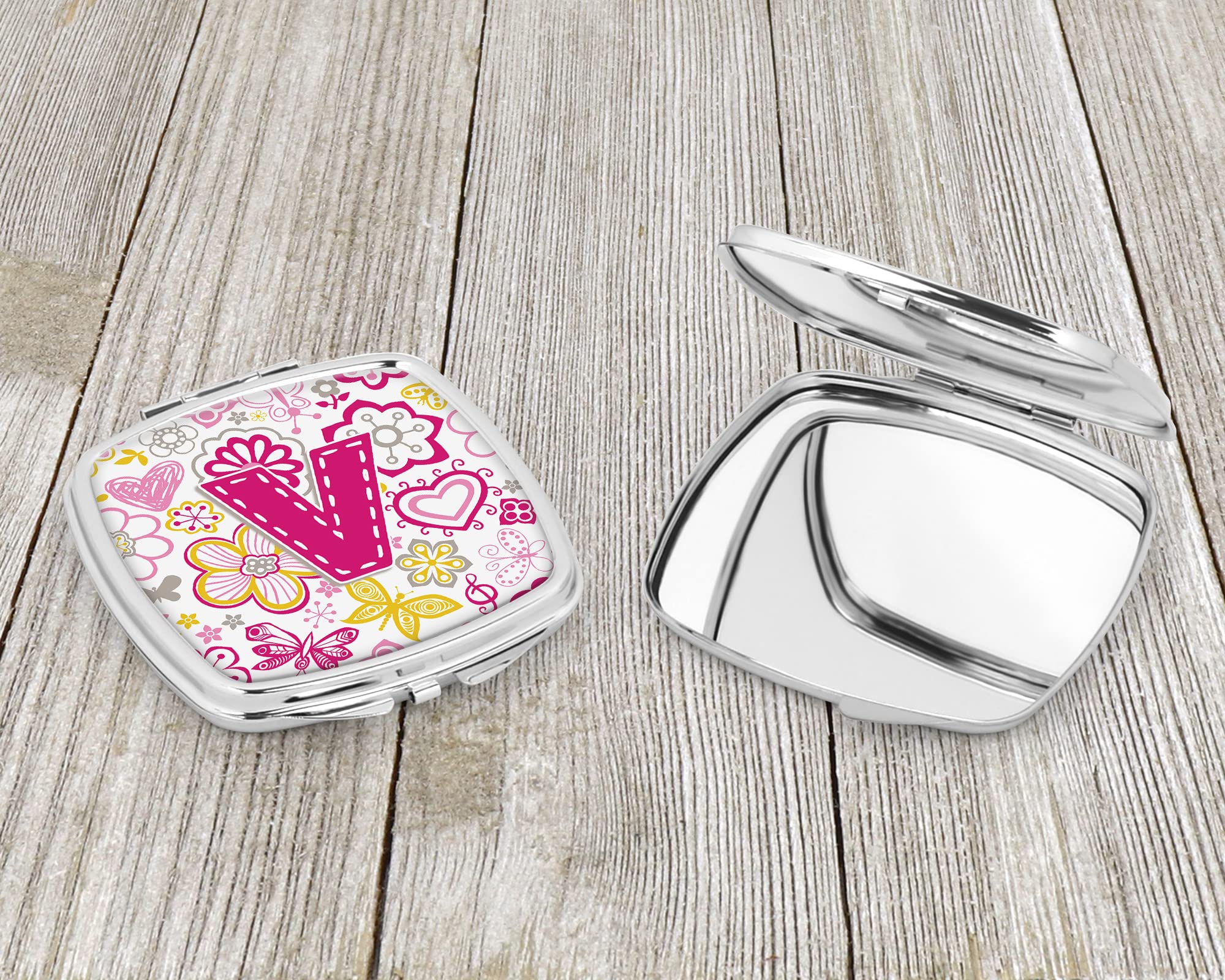 Caroline's Treasures CJ2005-VSCM Floral Butterfly Compact Mirror - Pink Folding Handheld Travel Makeup Mirror for Women & Girls | Perfect Gift, Pocket-Sized for Purse & On-The-Go Touch Ups