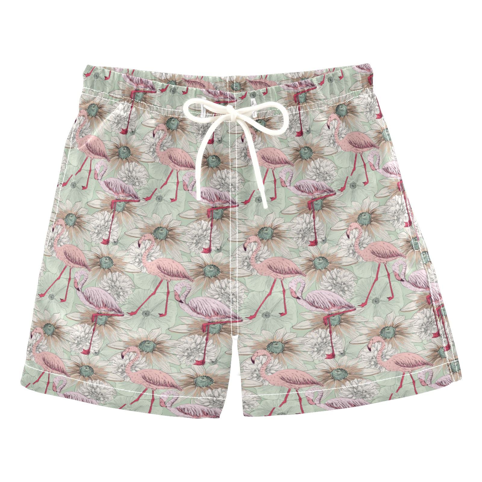 Boys Flamingo & Floral Swim Trunks - Quick Dry Beach Shorts with Mesh Lining & Adjustable Waist | Perfect for Pool, Beach, and Summer Water Activities