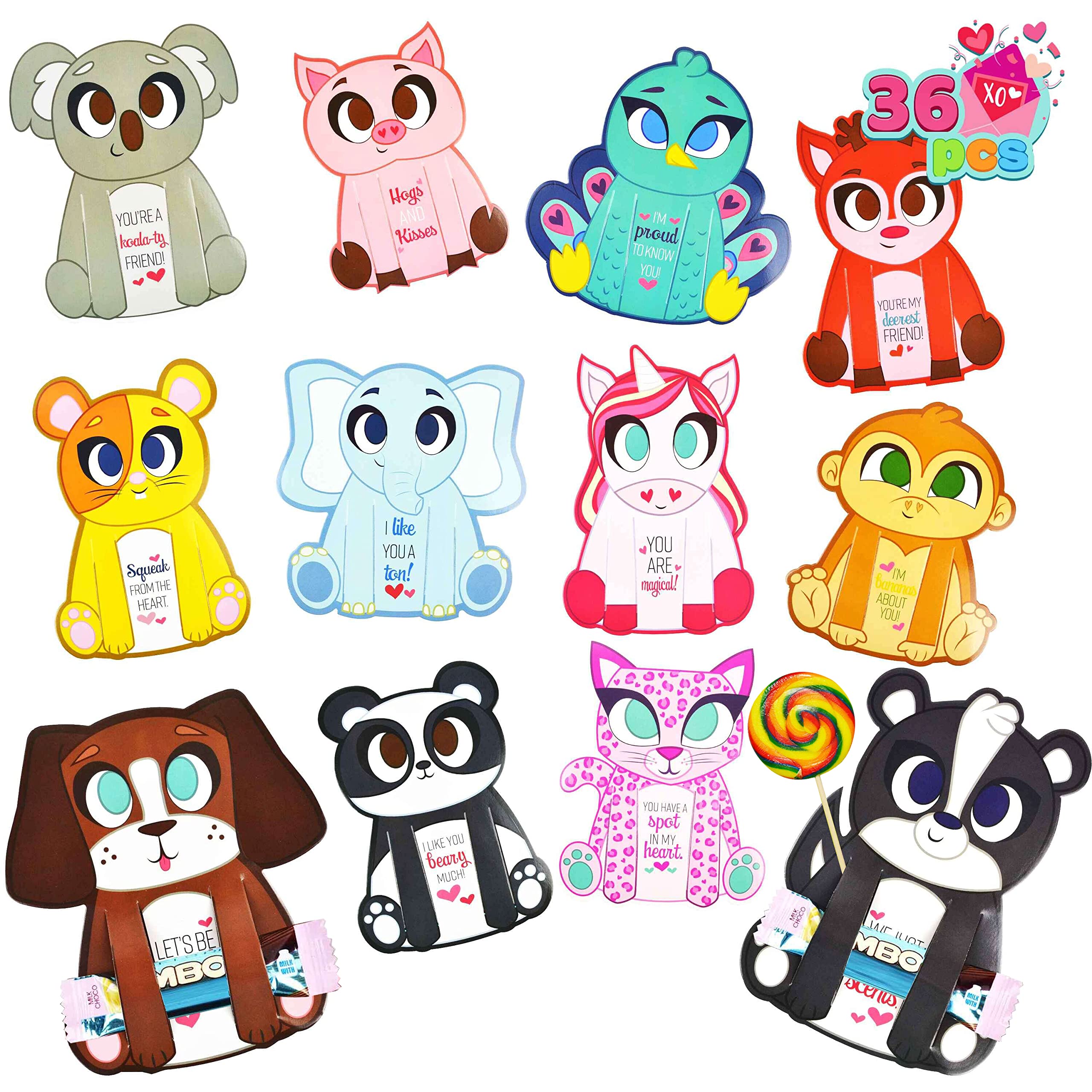 JOYIN 36 Pcs Valentine's Day Animal Greeting Cards with Candy Holders - Cute Classroom Exchange Cards for Kids, Party Favors & School Celebrations (Animal Design 3) | Perfect for Valentine's Classroom Activities, Kids' Parties & Gift Exchanges