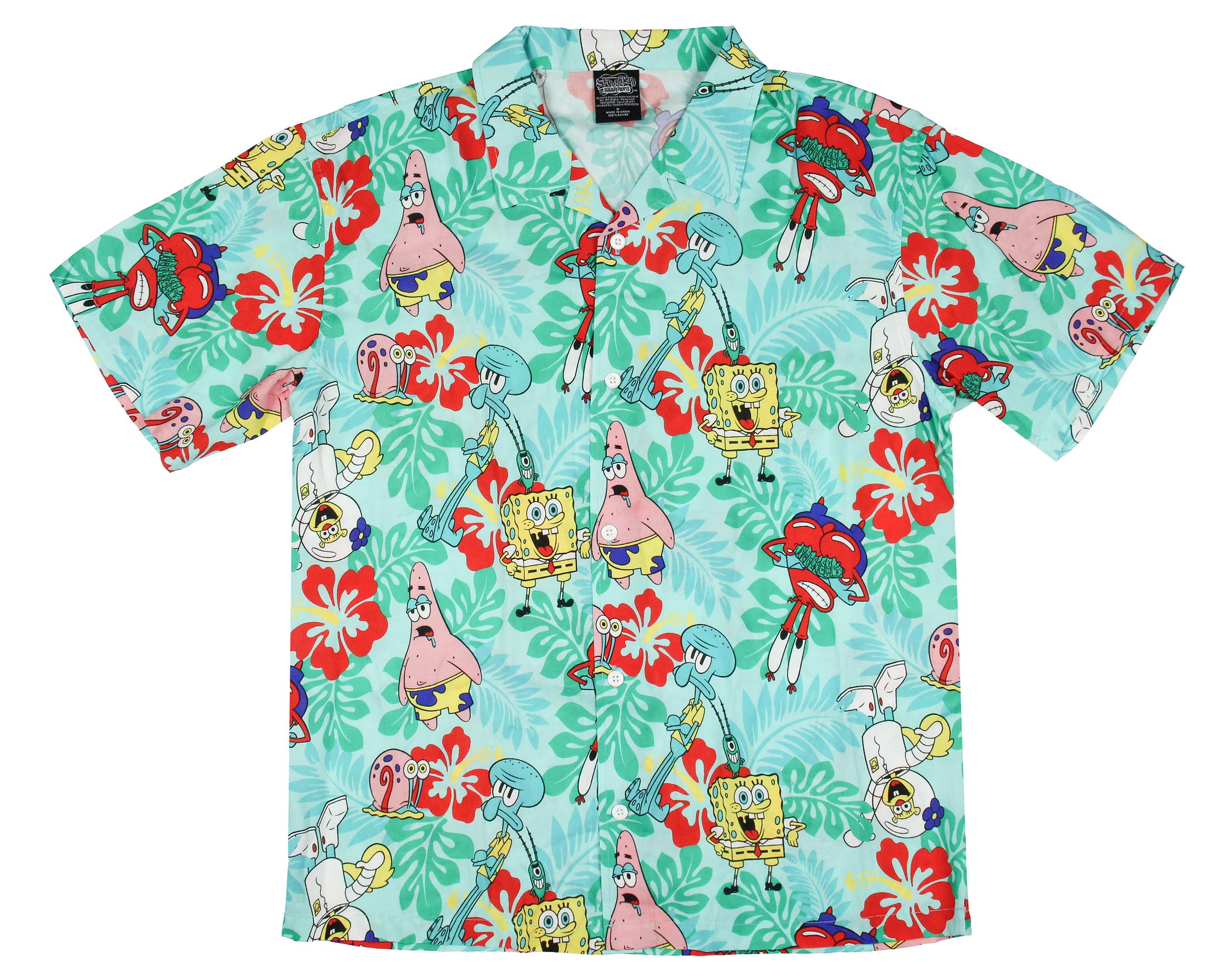 Spongebob Squarepants Men's Hawaiian Shirt - Short Sleeve Button Up Floral Woven Shirt for Casual Wear, Beach Vacation & Cosplay
