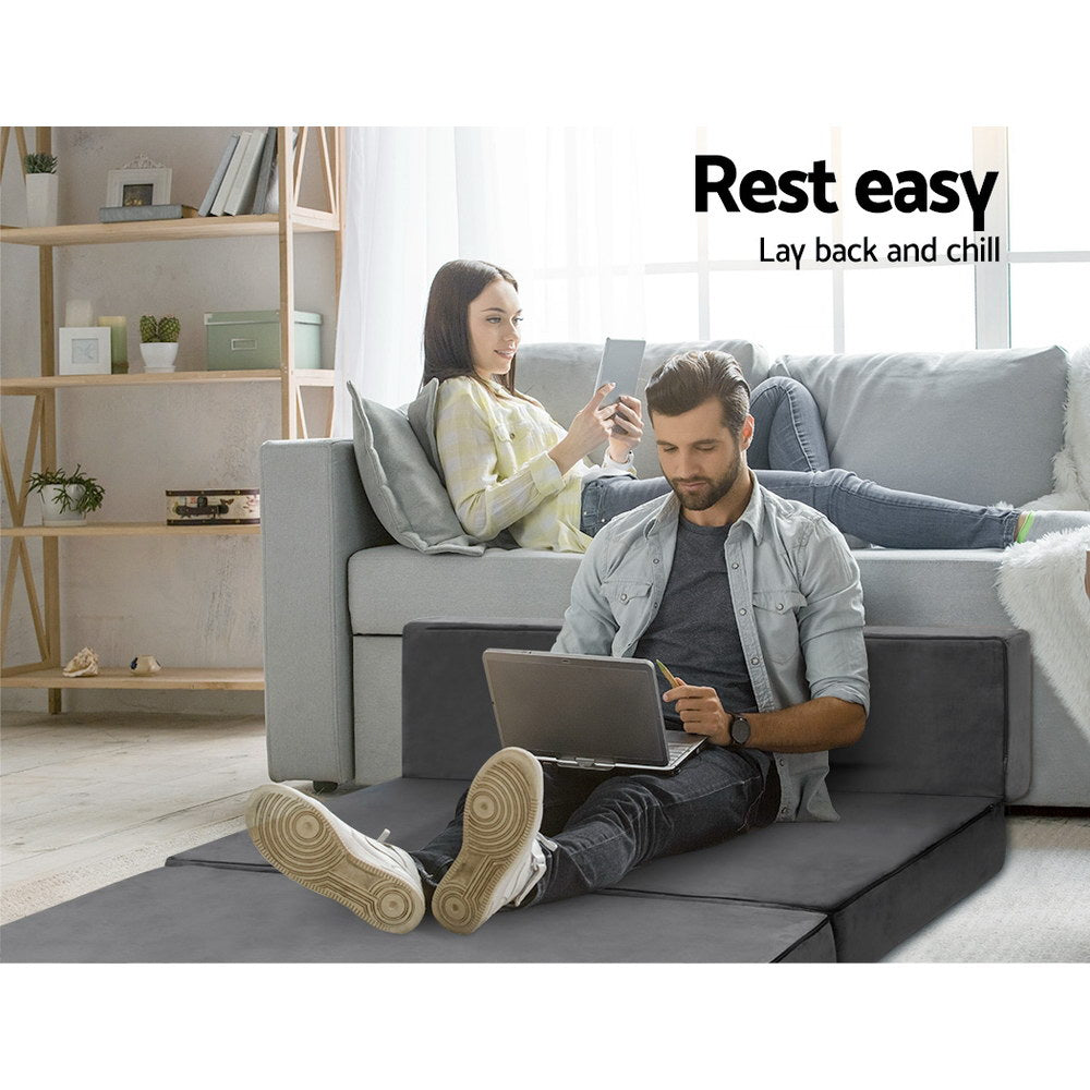 Double Size Folding Foam Mattress - Portable Guest Bed & Floor Mat - Velvet Dark Grey for Camping, Sleepovers & Small Spaces