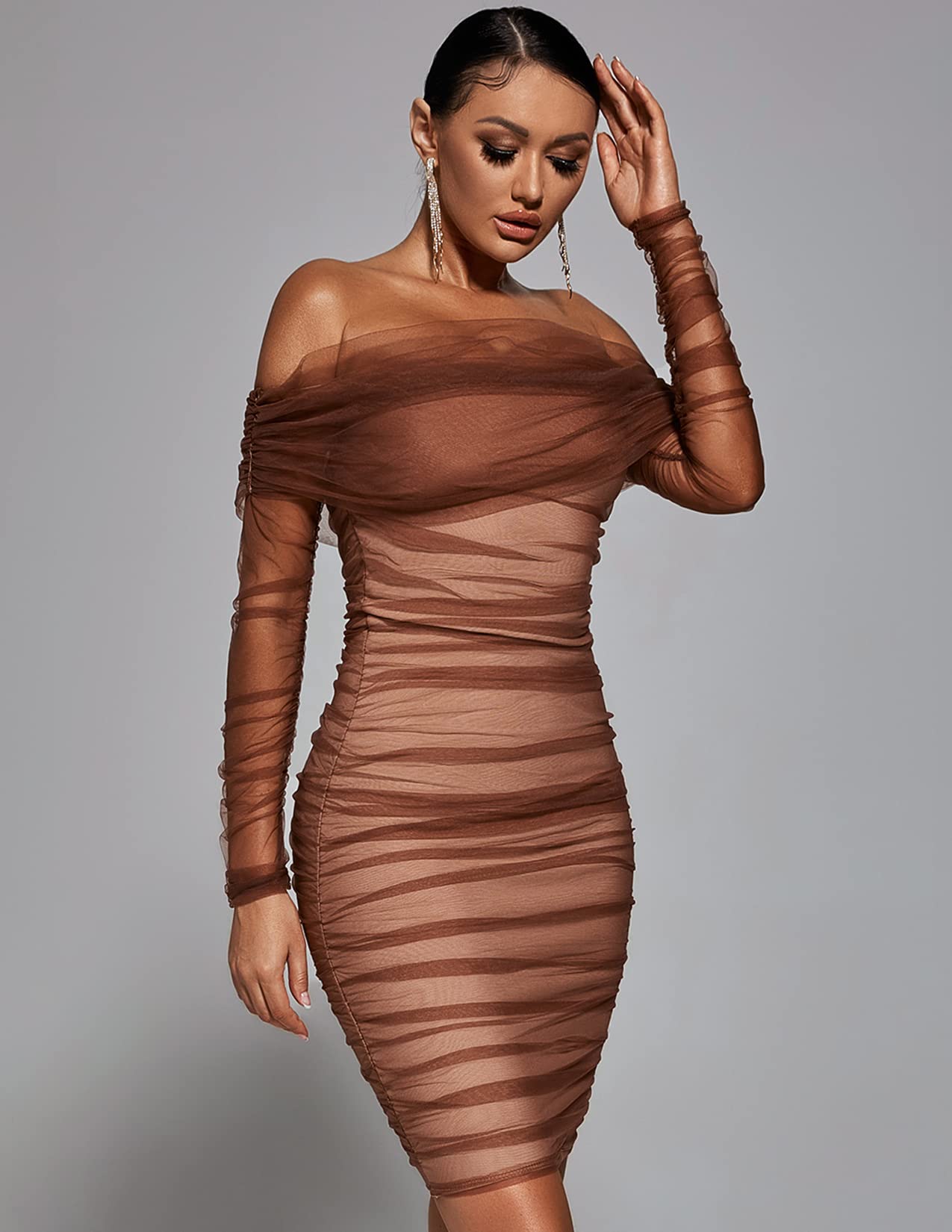 BELLA BARNETT Sexy Ruched Bodycon Dress - Long Sleeve Midi Dress for Wedding Guest, Party, or Date Night | Off Shoulder Formal Dress for Women | Elegant & Classy Outfit for Special Occasions