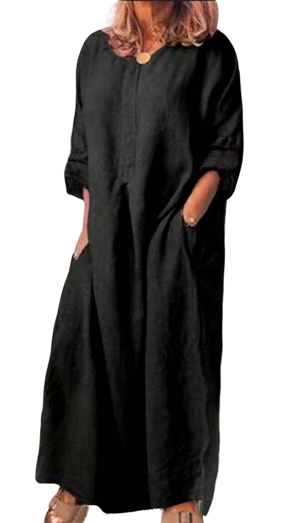 CHARTOU Women's Casual Cotton Linen Maxi Dress - Loose Fit Long Shift Dress with Ruffle Sleeves & Pockets | Perfect for Beach, Vacation & Summer Outfits