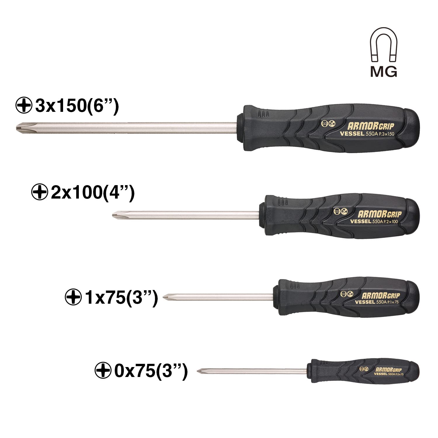 VESSEL ARMOR GRIP™ JIS Standard Cross Point Screwdriver Set - 4 Piece Phillips Head (No.550APH4PBU) for Electronics, Automotive & DIY Projects