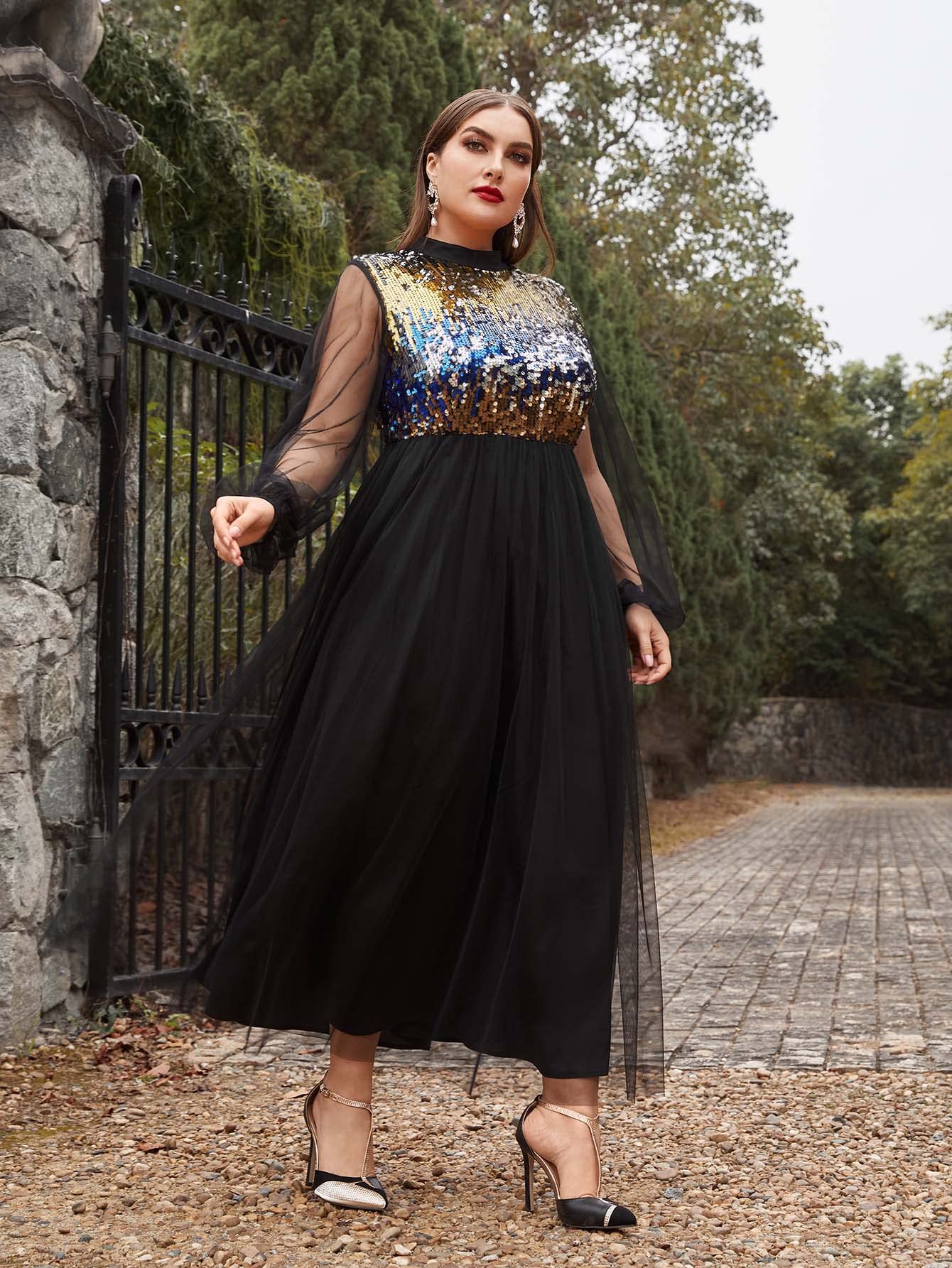 Elegant Plus Size Sequin Mesh Dress for Women with Sheer Lantern Sleeves - XX-Large - Perfect for Evening Parties, Weddings & Special Occasions
