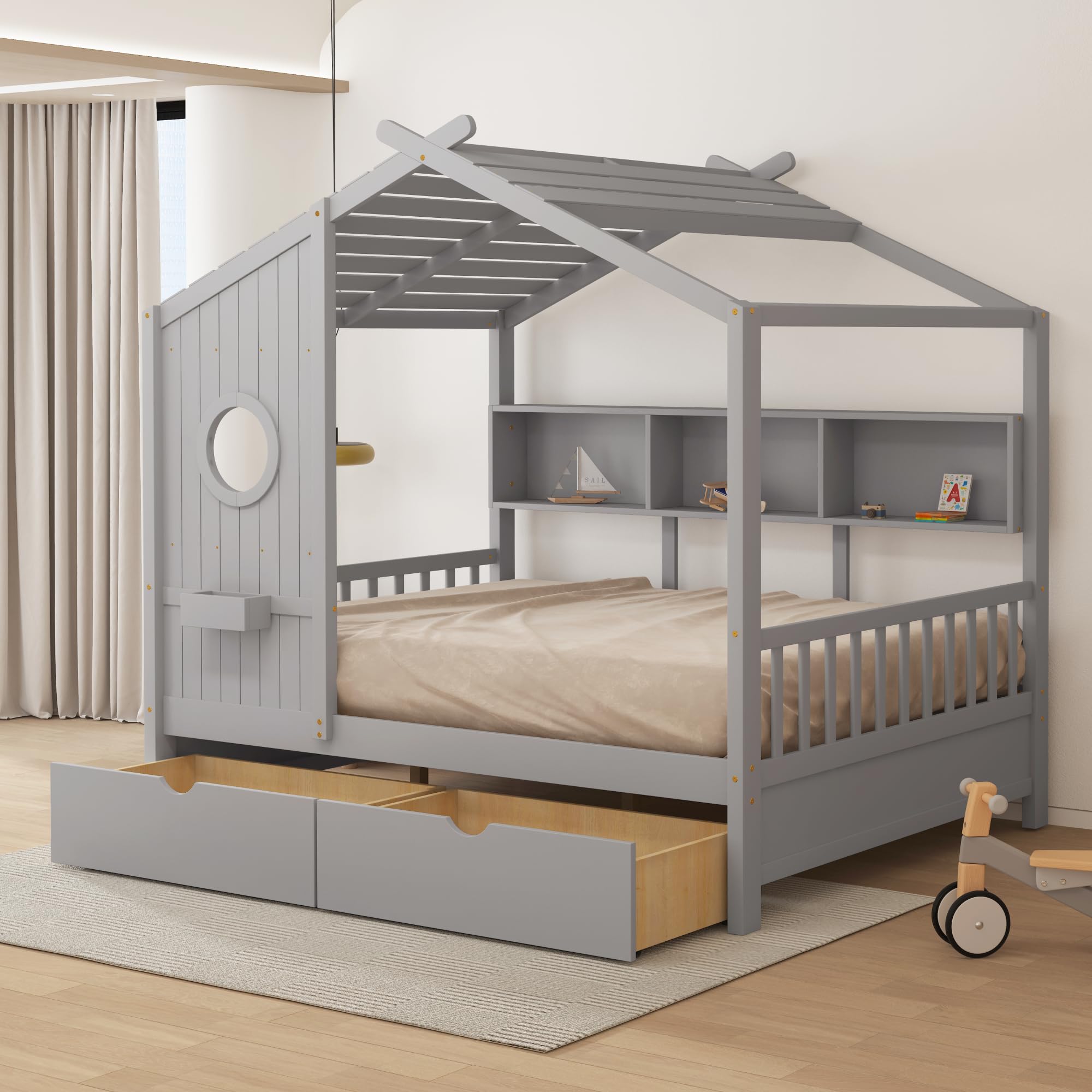 DEINPPA Full House Wooden Kids Bed with Storage Drawers & Bookshelf - Built-in Window Box Design - Toddler Bed for Boys & Girls (Grey) - Perfect for Small Bedrooms & Playrooms