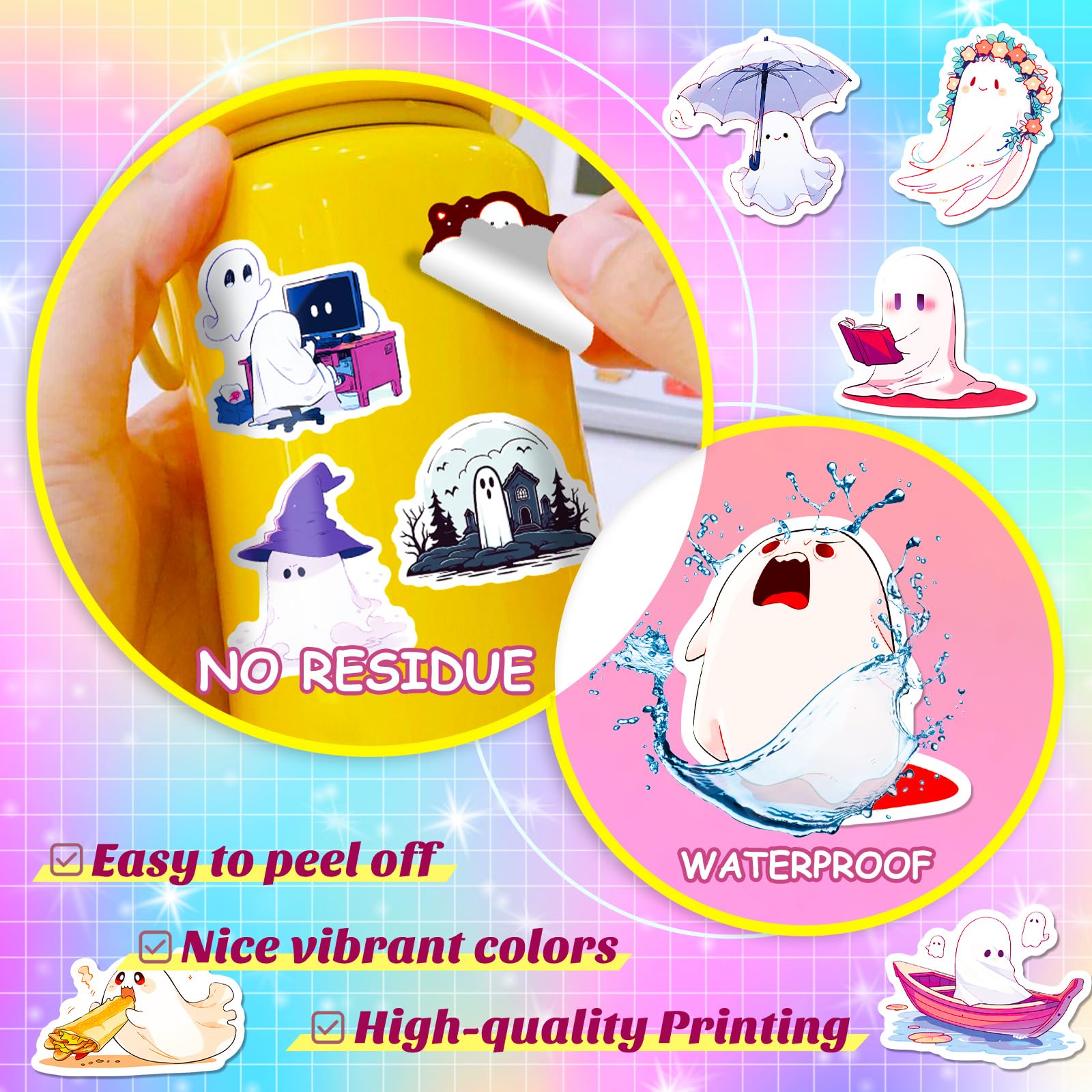 50Pcs Cute Ghost Stickers - Waterproof Vinyl Decals for Water Bottles, Laptops, Hydro Flasks, Skateboards, Luggage & Bicycles - Perfect for DIY Crafts, Scrapbooking & Personalizing Your Gear - Anime Inspired White Ghost Design