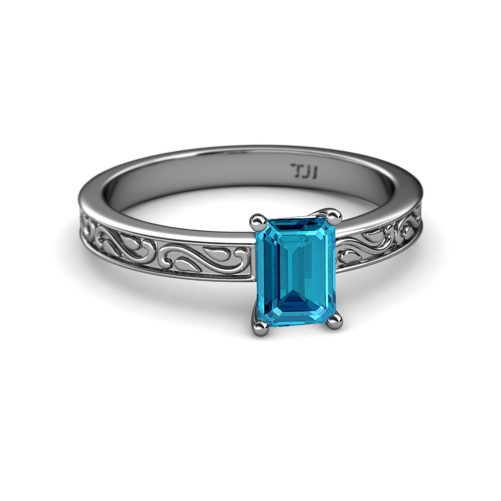 14K White Gold London Blue Topaz Engagement Ring - 7x5mm Oval Cut, 0.90 Carat Solitaire Scroll Design for Women | Perfect for Proposals, Anniversaries & Special Occasions