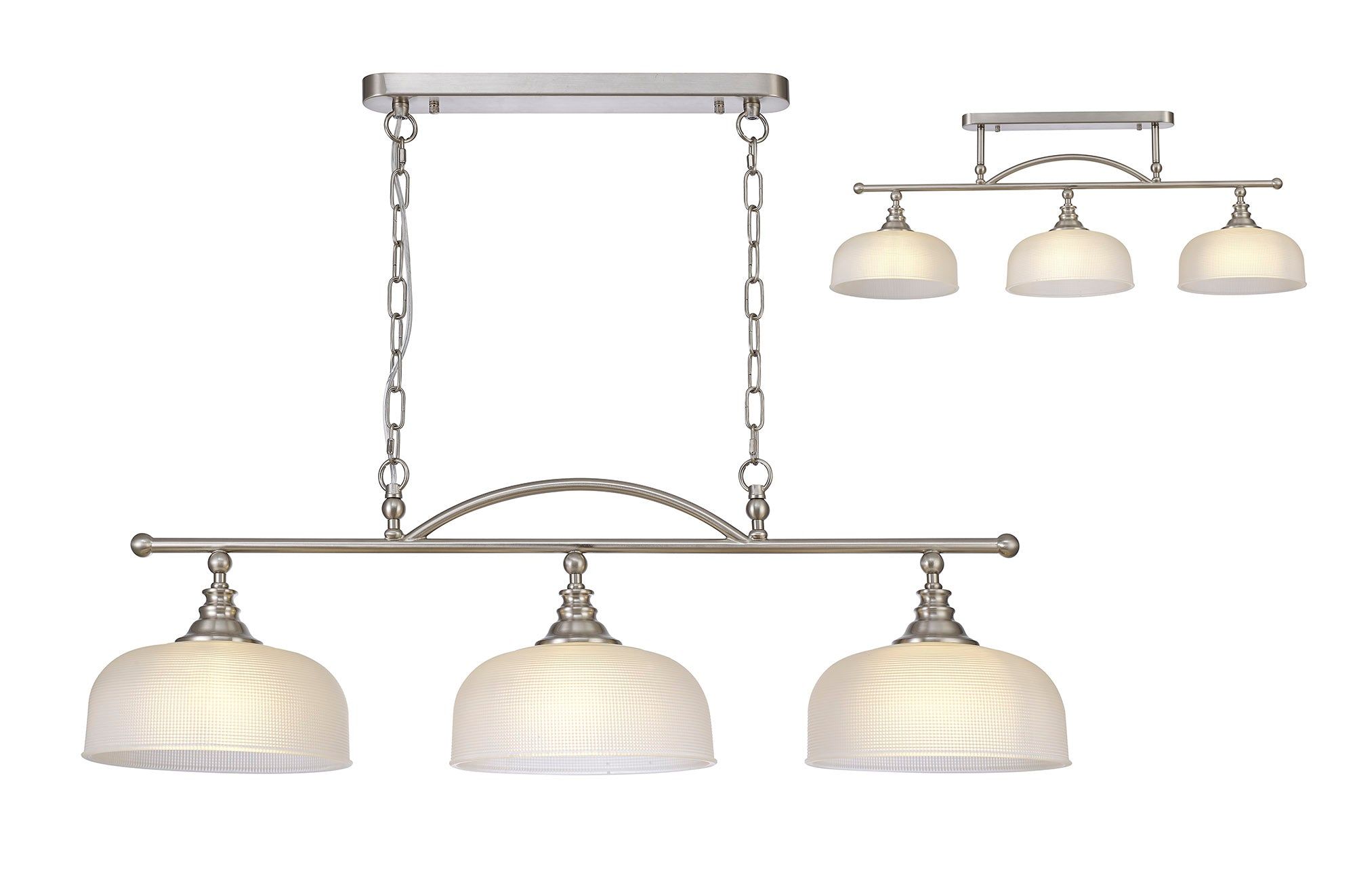 Cleron Semi Flush Mount Ceiling Light - Adjustable 2/3 Light Kitchen Lighting Fixture with E27 Socket in Satin Nickel, Polished Nickel & Antique Brass Finish - Prismatic Glass Shade for Dining Room, Bedroom or Hallway Lighting