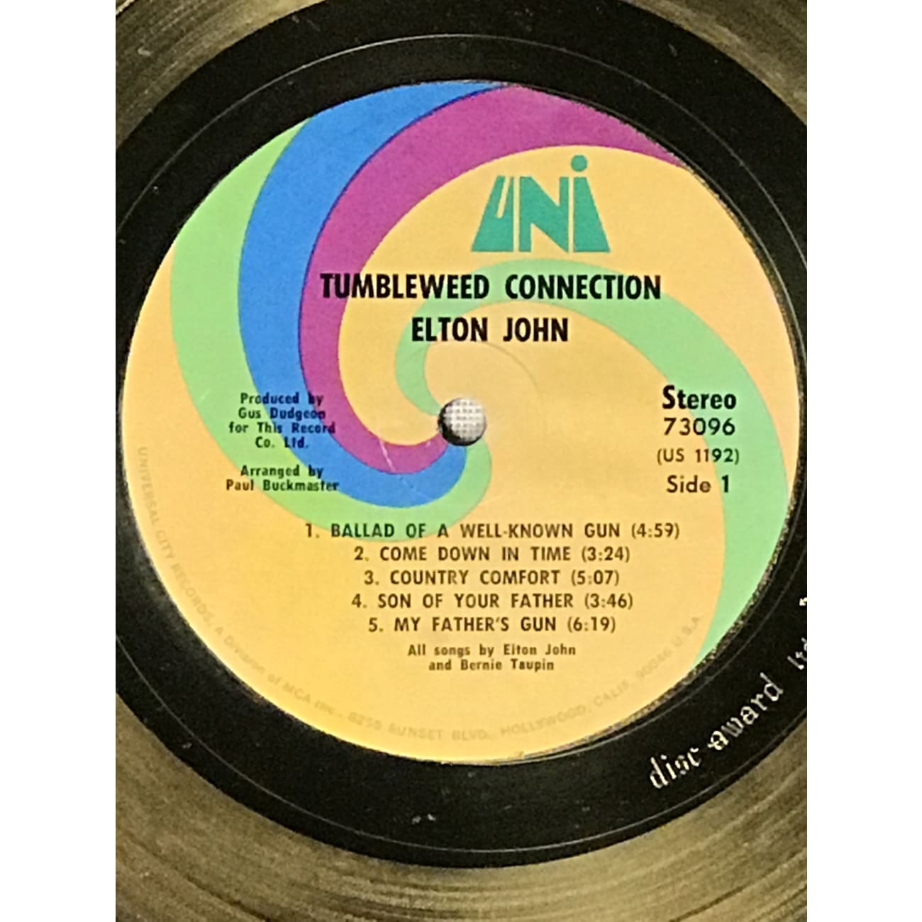 Elton John Tumbleweed Connection White Matte RIAA Gold LP Award - Rare Vinyl Record Collector's Item for Music Enthusiasts & Home Decor