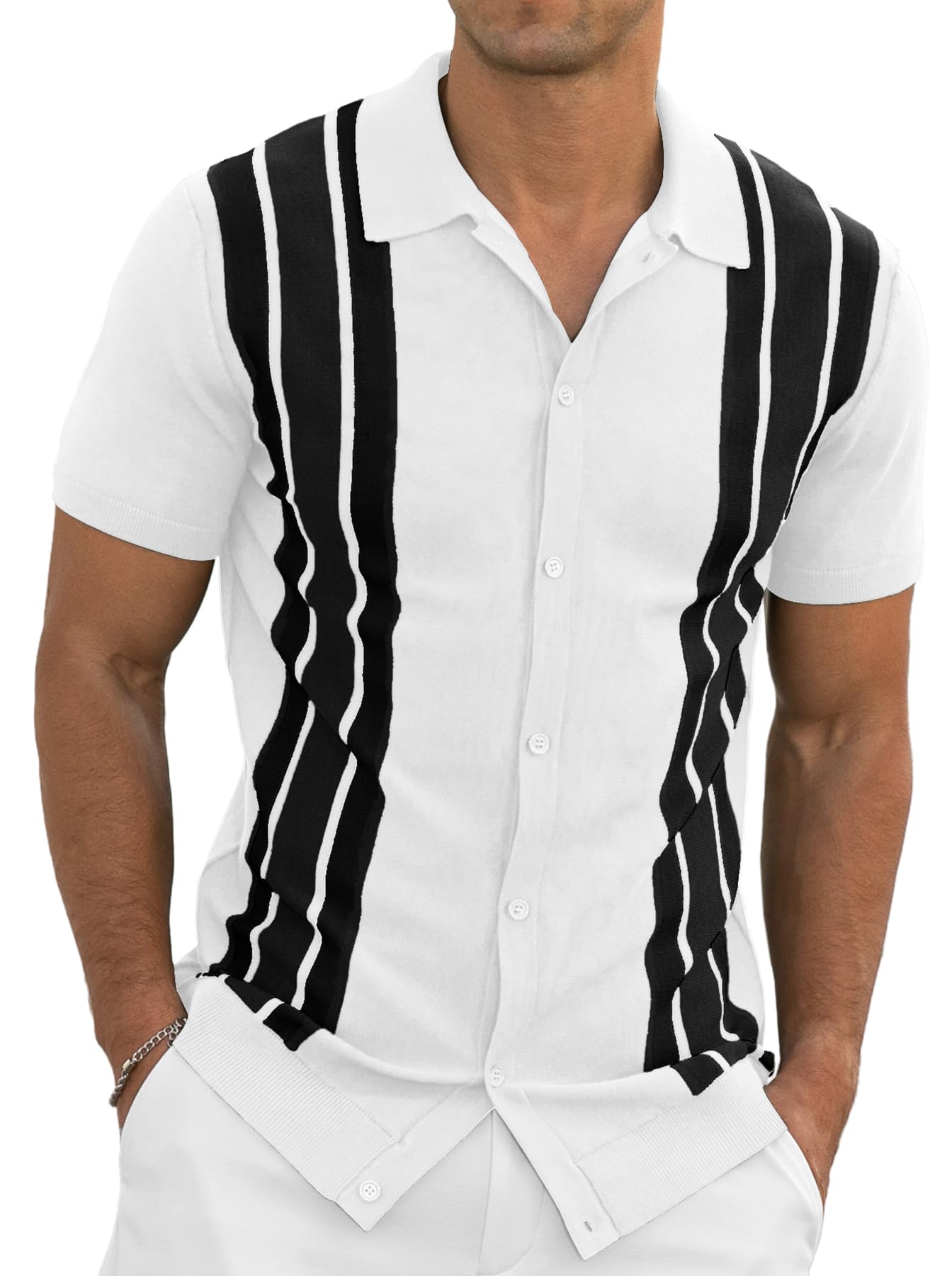 Vintage Striped Men's Polo Shirt - Short Sleeve Button Down Knit Golf Shirt for Men | Casual Summer Wear, Office Outfit & Sports Apparel