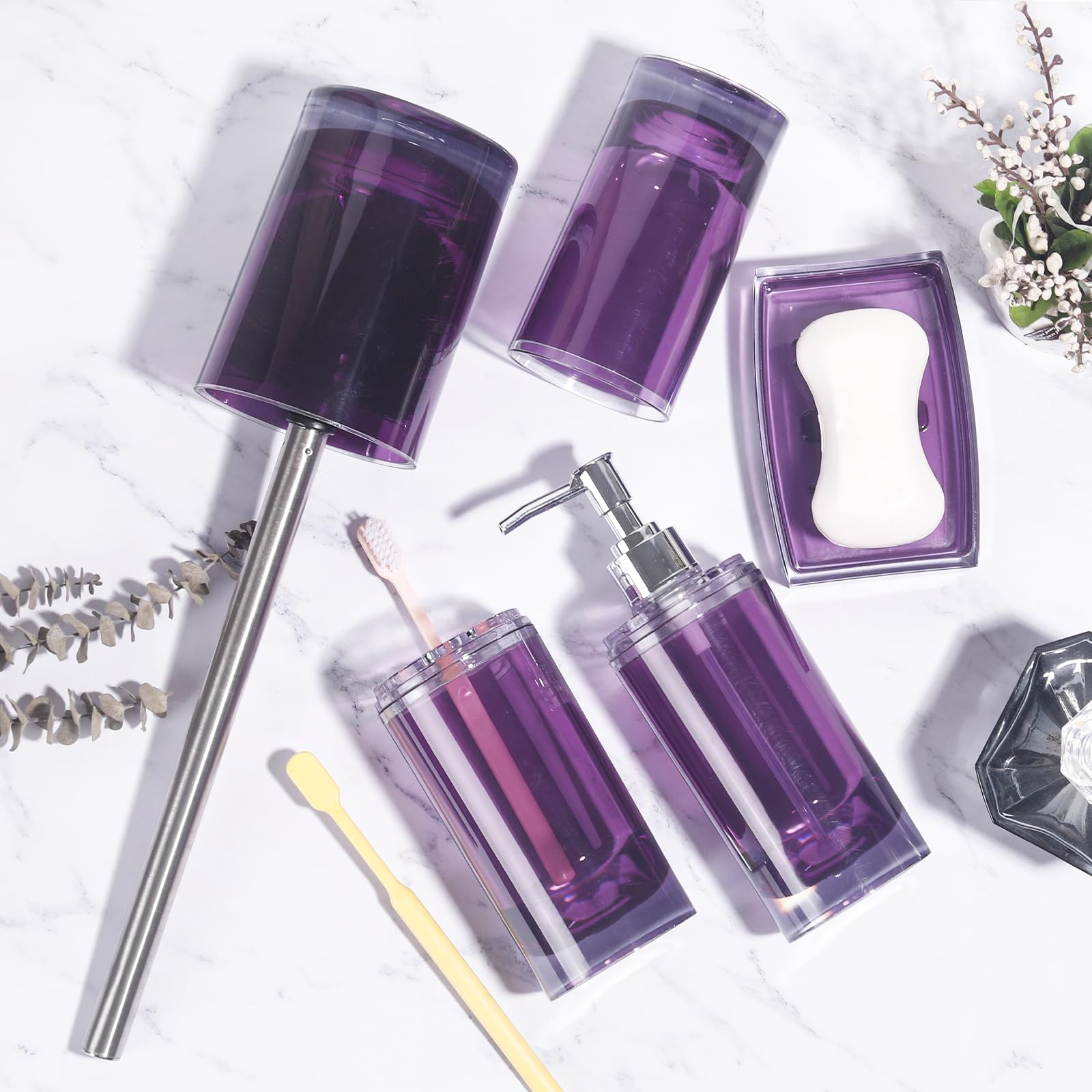 5-Piece Dark Purple Acrylic Bathroom Set - Soap Dispenser, Soap Dish, Toothbrush Holder, Tumbler & Toilet Brush with Holder | Modern Bathroom Decor & Housewarming Gift | Perfect for Guest Bathrooms, Master Suites & Spa-Inspired Home Decor