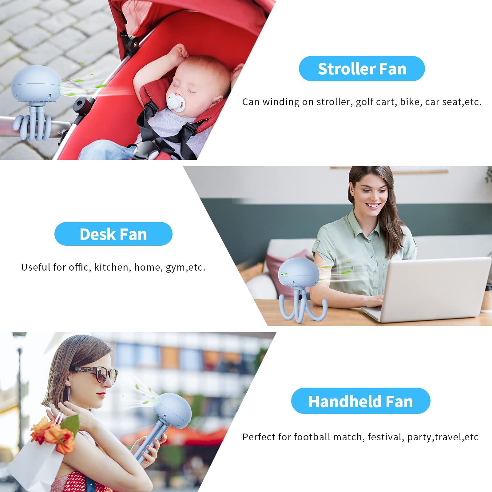 SMARTDEVIL Portable Clip on Stroller Fan - 3000mAh Rechargeable Battery, 3-Speed Adjustable Baby Fan with Flexible Tripod Stand - Perfect for Strollers, Car Seats, Desks, Treadmills & Camping (Blue) - Keep Your Baby Cool in Hot Weather