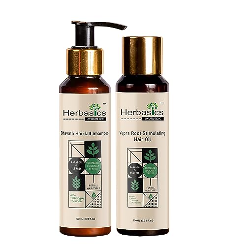 Herbasics Ayurvedic Hair Care Combo Pack - Anti Hair Fall Shampoo & Nourishing Hair Oil for Normal/Oily Hair, Dry Scalp & Curly Hair - 200ml - Natural Ayurvedic Treatment for Stronger, Healthier Hair - Perfect for Daily Hair Care Routine & Scalp Treatment