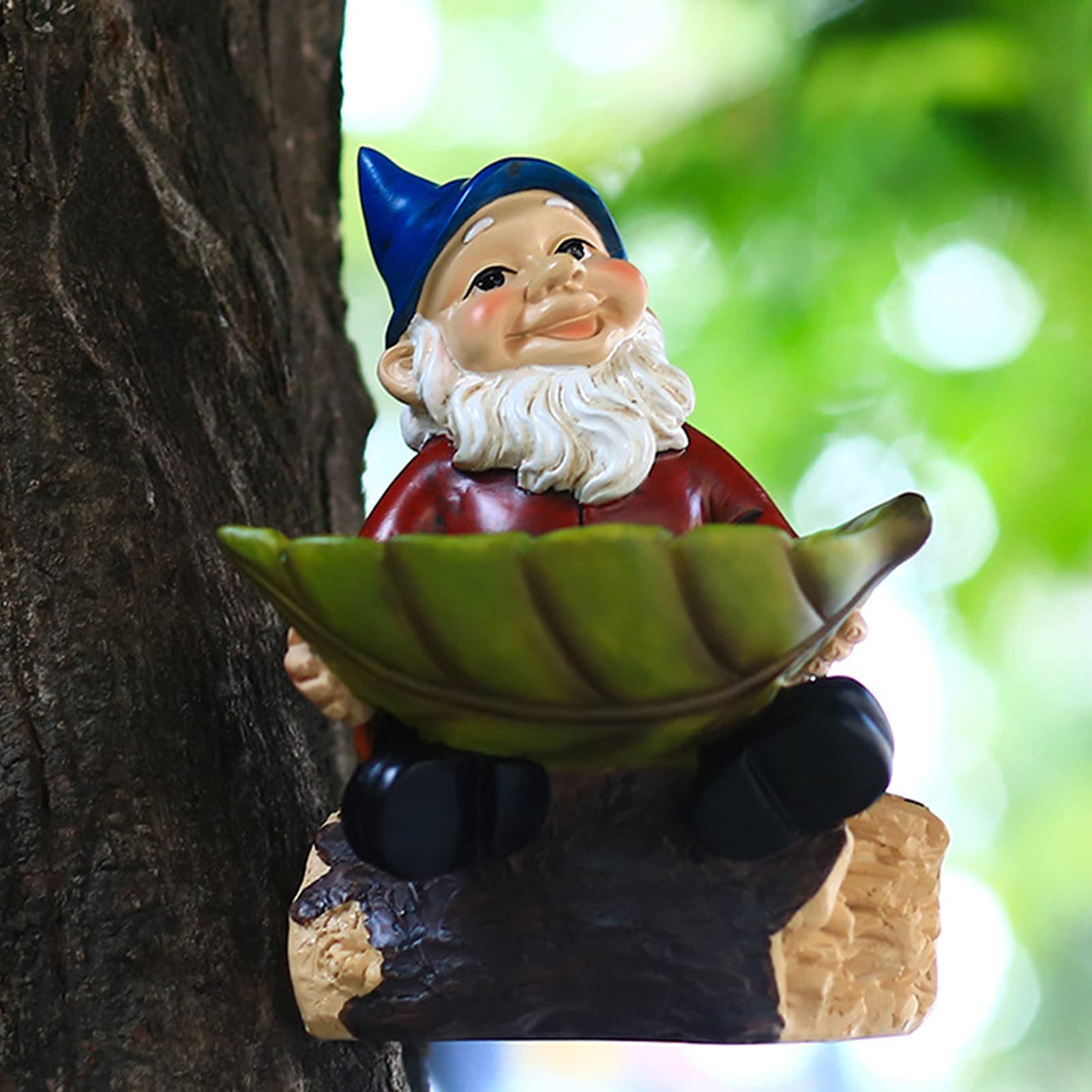 Gnome Tree Hugger Outdoor Bird Feeder with Feeding Tray & Bird Bath - Squirrel & Raccoon Figurines for Garden Decor, Tree Trunk Peeker Sculpture - Perfect for Backyard Landscaping, Bird Watching & Unique Garden Gifts