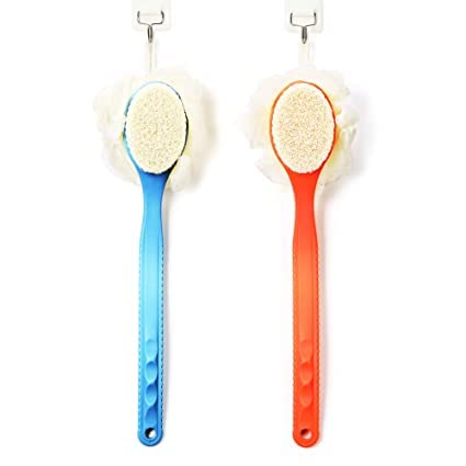 MANVI 2-in-1 Long Handle Body Brush & Back Scrubber - Exfoliating Shower Brush with Ergonomic Curved Handle for Men & Women (2 Pack) - Perfect for Deep Cleansing, Dry Brushing & Spa-Like Bath Experience